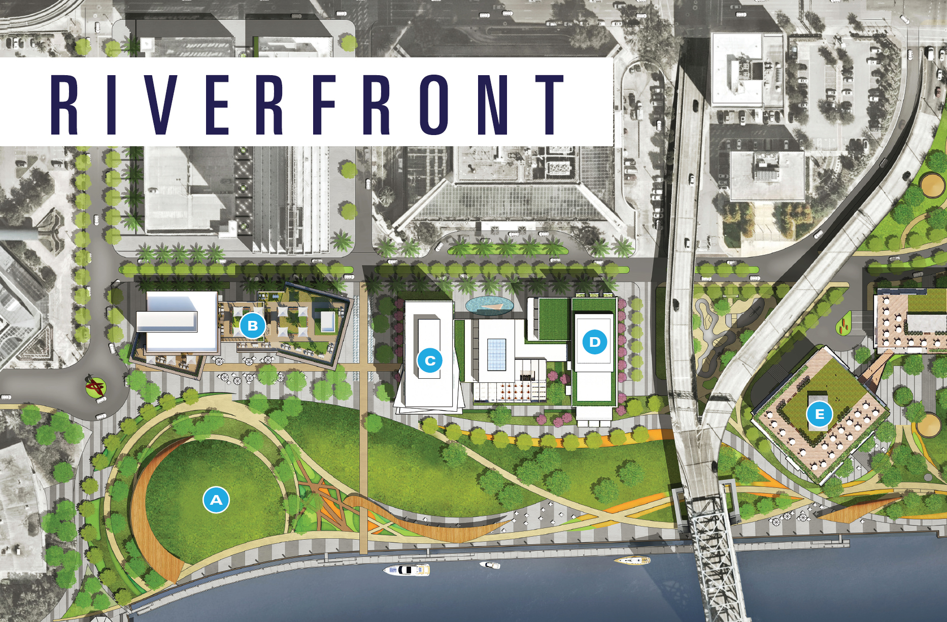 A: Public green space with a 12-acre park. B: A mixed-use building with 120,000 square feet. C: A 14-level residential condominium. D: 208-room hotel. E:  Commercial office space.