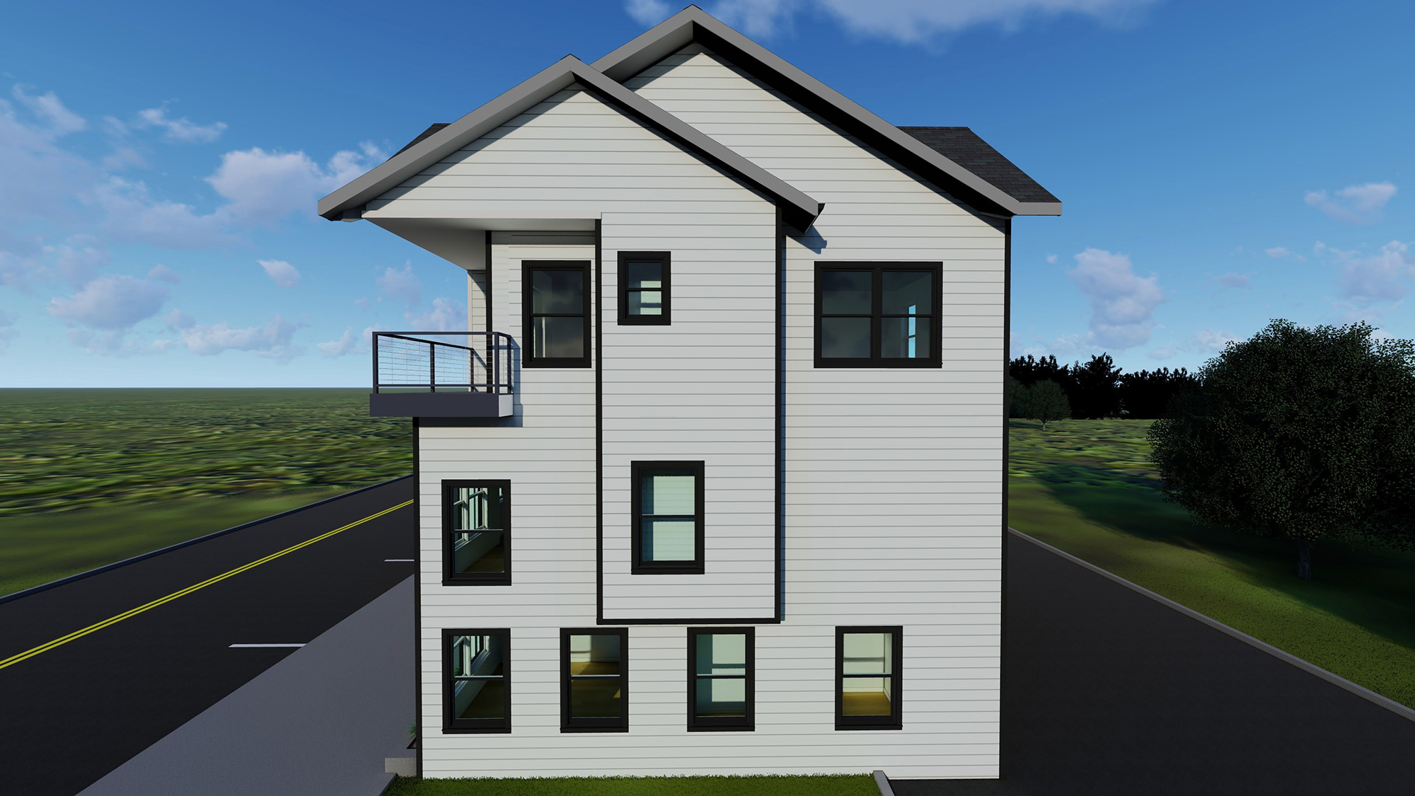 The town house proposal includes attached one-car garages, some with balconies.