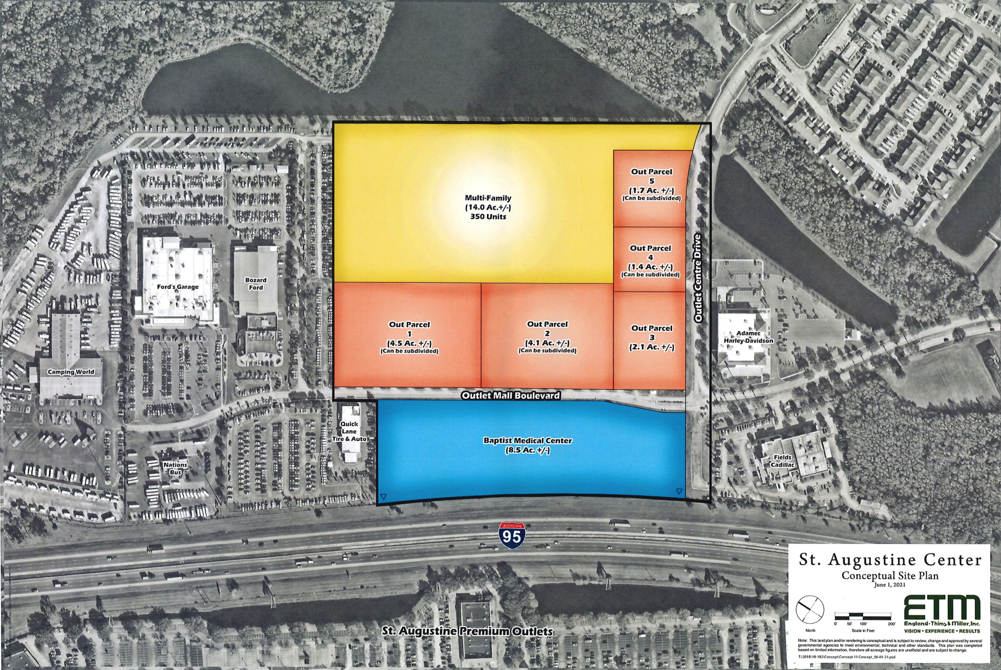 A conceptual site plan of St. Augustine Centre at Interstate 95 and Florida 16 in St. Johns County.