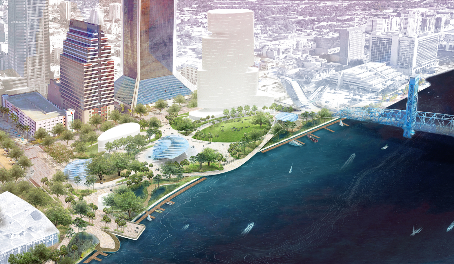 The Agency Landscape + Planning LLC aerial rendering of the Riverfront Plaza site.