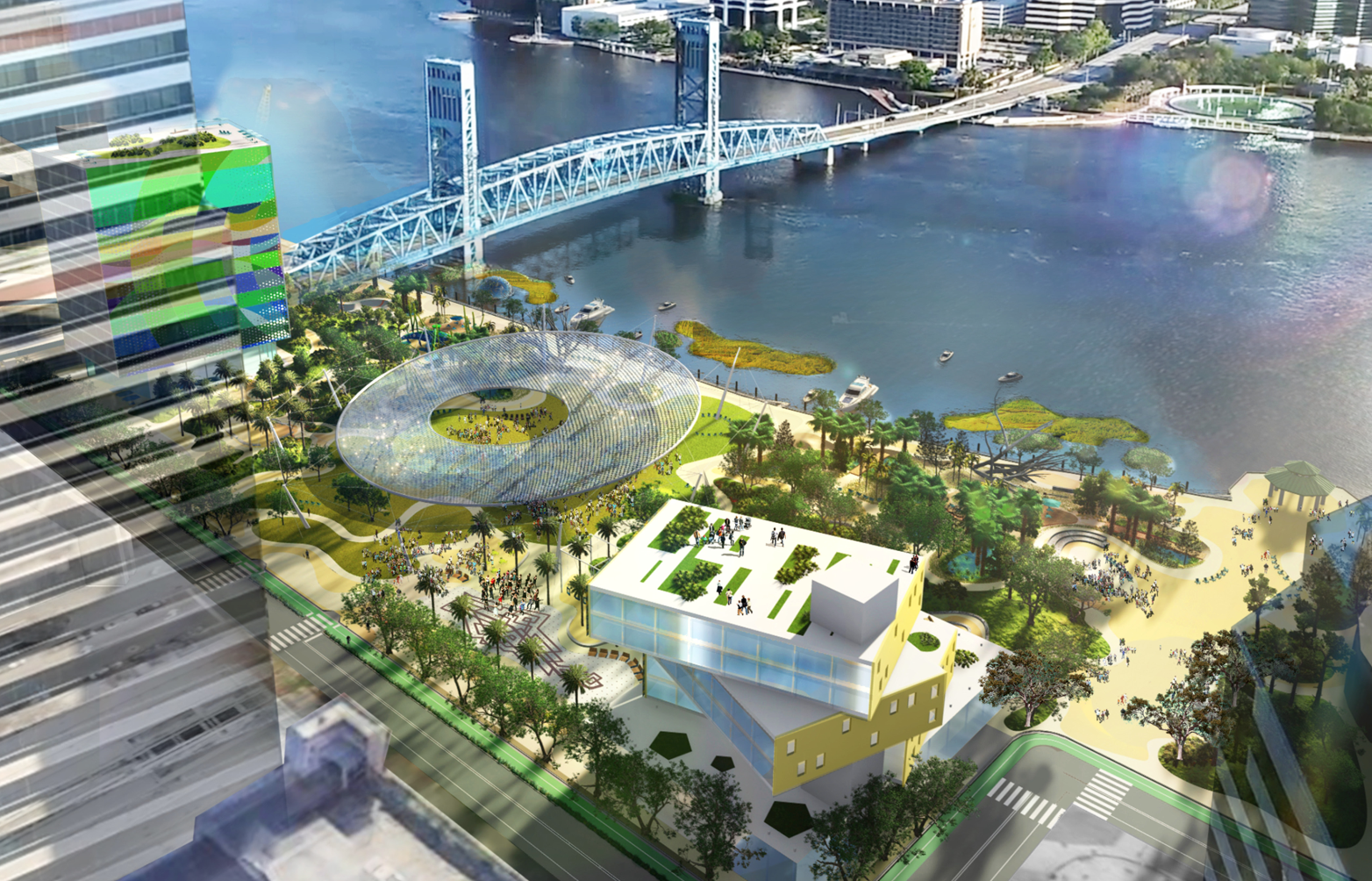 The Olin aerial rendering of the Riverfront Plaza site. 