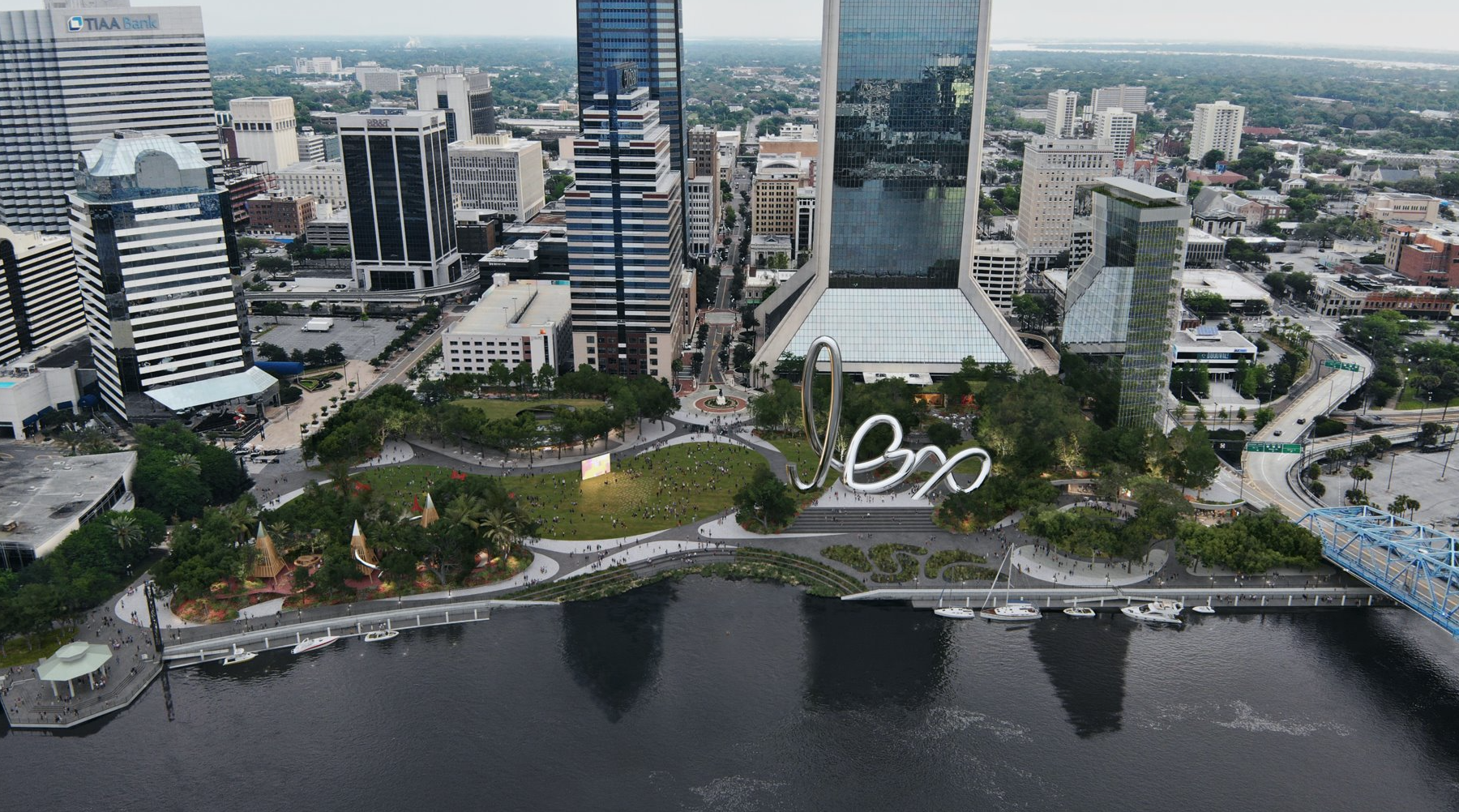 The Perkins & Will aerial rendering of the Riverfront Plaza site.