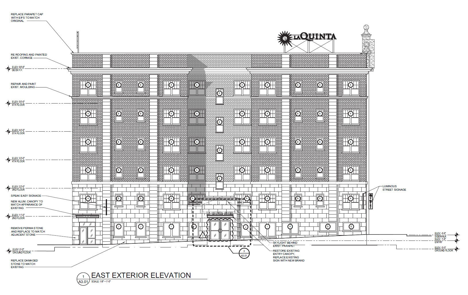 An elevation of the renovated Ambassador Hotel. It is now planned to be a TRYP by Wyndham.