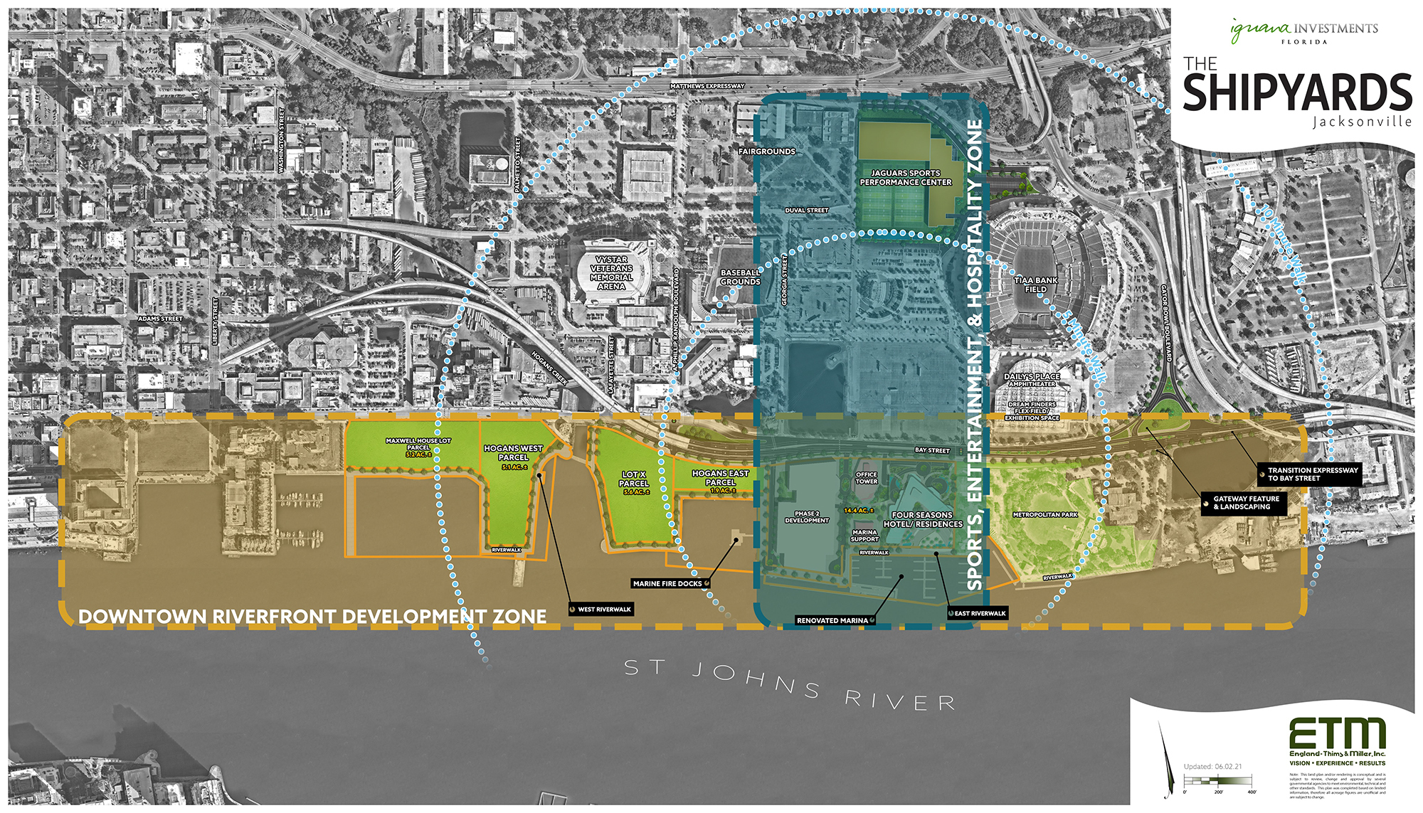 A map of the Shipyards shows the area planned for development by the Jaguars in dark blue.