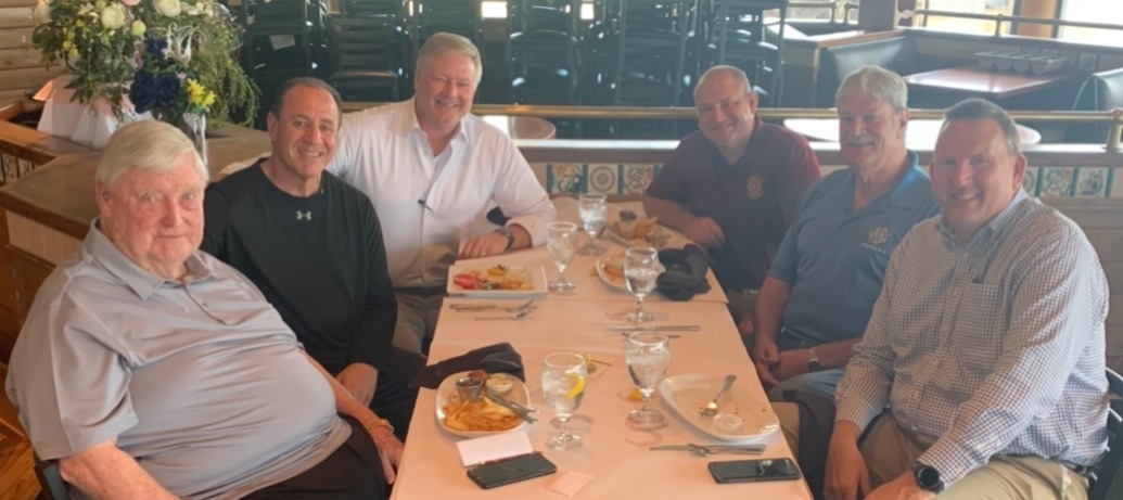 The final party to eat at River City Brewing Co. before closing July 18: From left, John Keane, co-owner Anthony Candelino, Steve Diebenow, Chuck Baldwin, Bobby Deal and Randy Wyse.