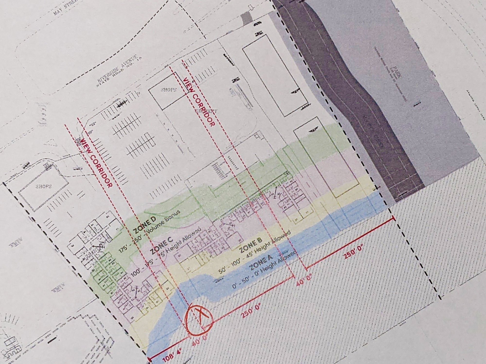 The latest site plan for the Times-Union development. The x on the map is the site's helipad.