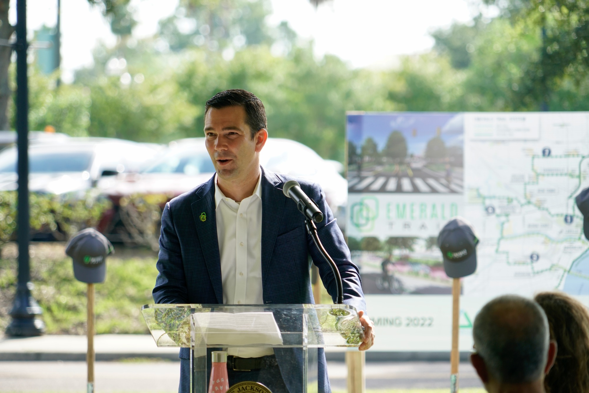 VyStar Credit Union CEO Brian Wolfburg speaks at the Emerald Trail groundbreaking ceremony Aug. 24. VyStar donated $400,000 toward the park network.