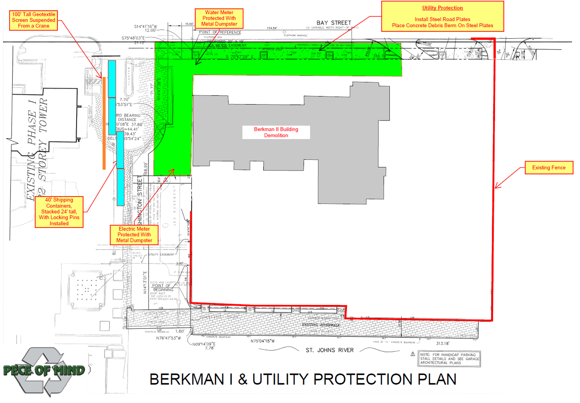 A map of the protection plan for The Plaza Condominium at Berkman Plaza and Marina. It was previously called the Berkman I.