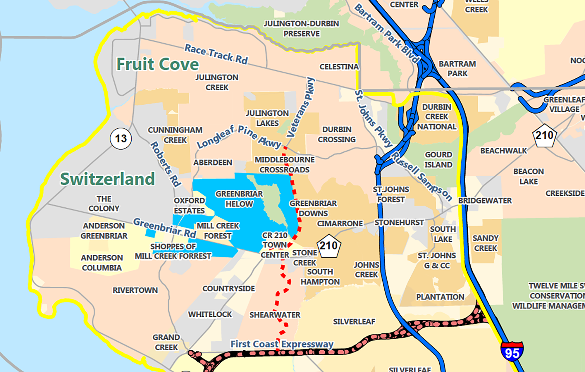 The planned development is in northwest St. Johns County off of Greenbriar Road, Longleaf Pine Parkway and Veterans Parkway.