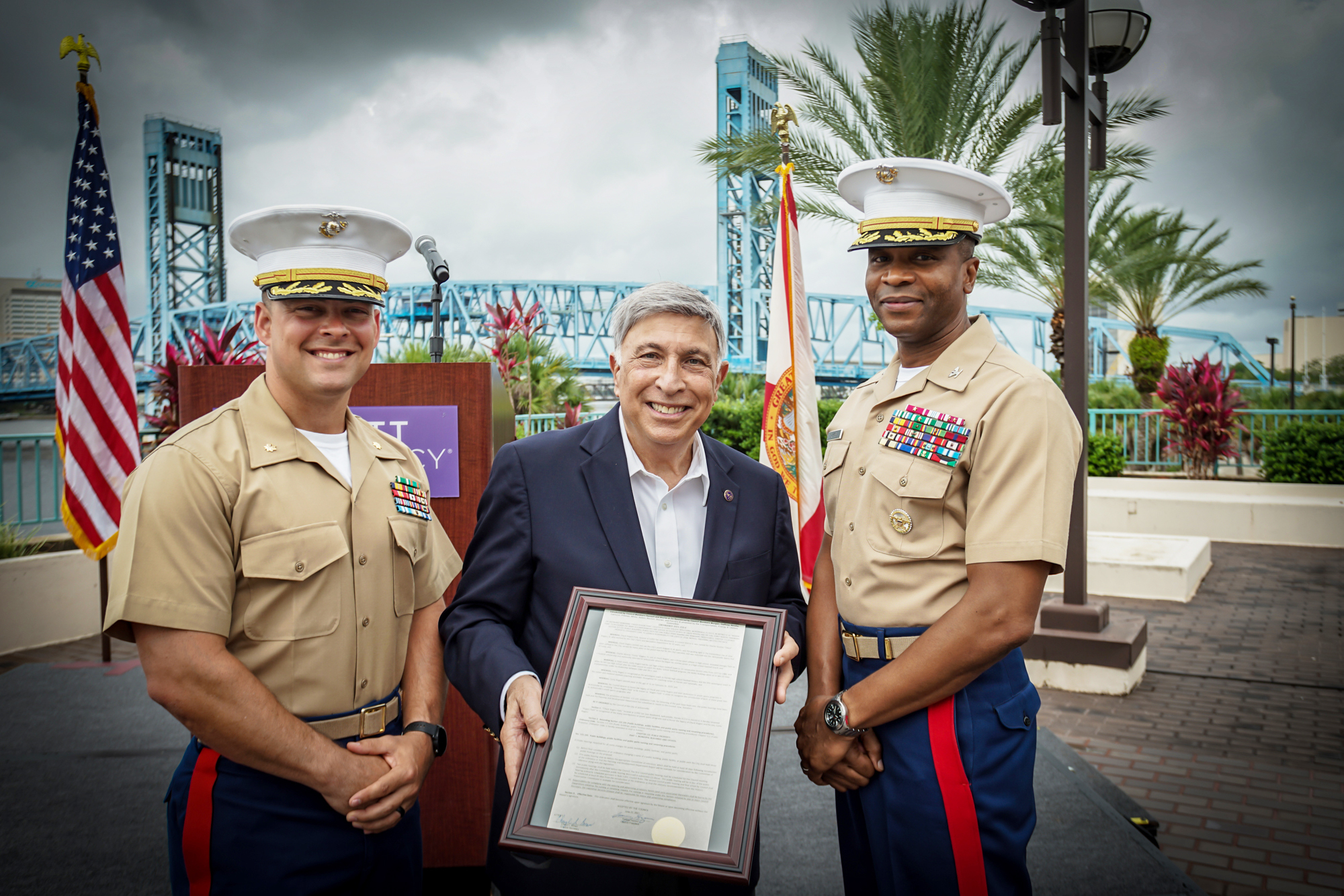Tommy Hazouri presents a Council resolution thanking the U.S. Marine Corps on June 28. The Marines used the Hyatt Regency Jacksonville Riverfront to quarantine recruits because of the pandemic.