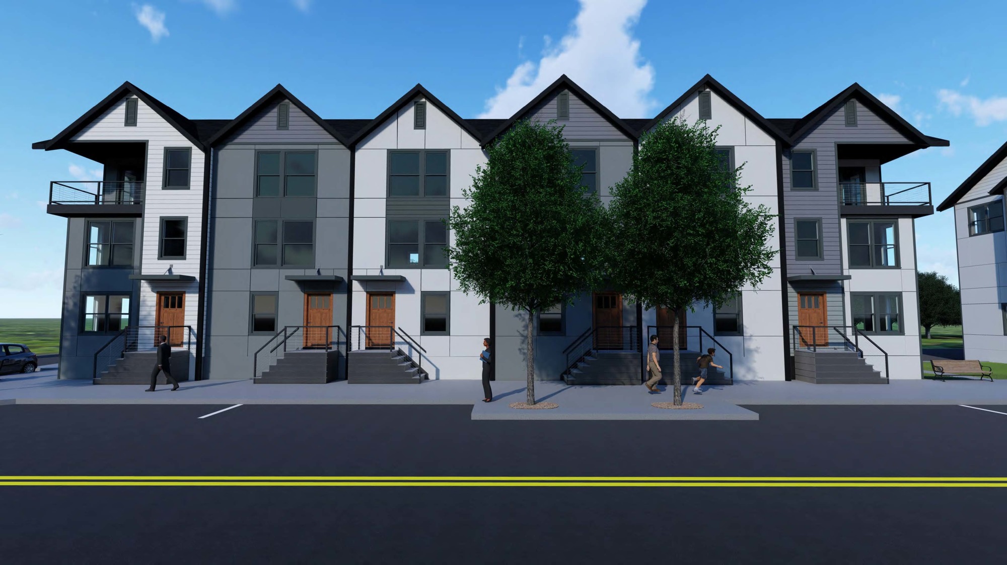 The town houses will feature a shotgun-style design with gabled roofs.