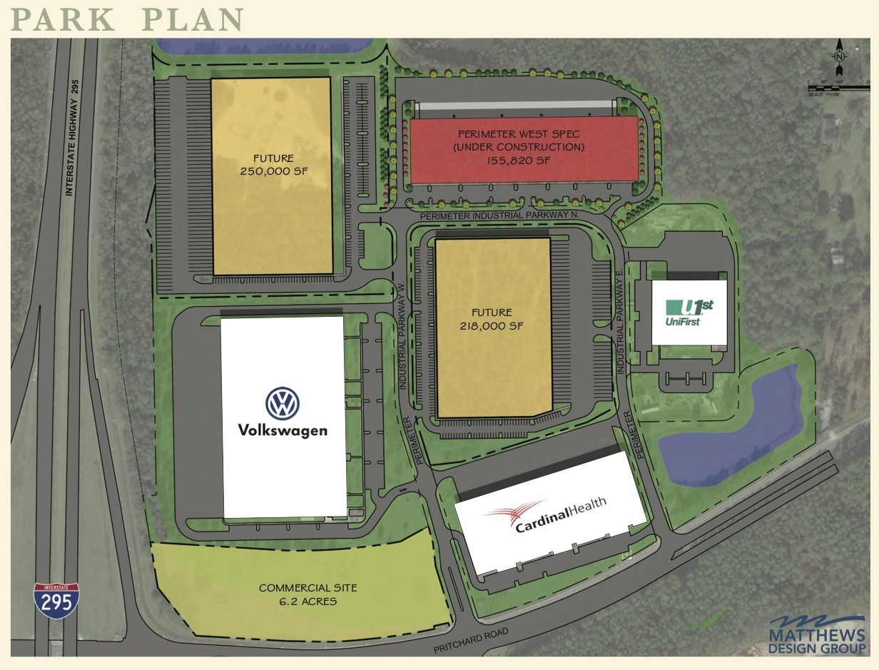 The marketing brochure for Perimeter West Industrial Park at northeast Interstate 295 and Pritchard Road. The Home Depot site is in red.