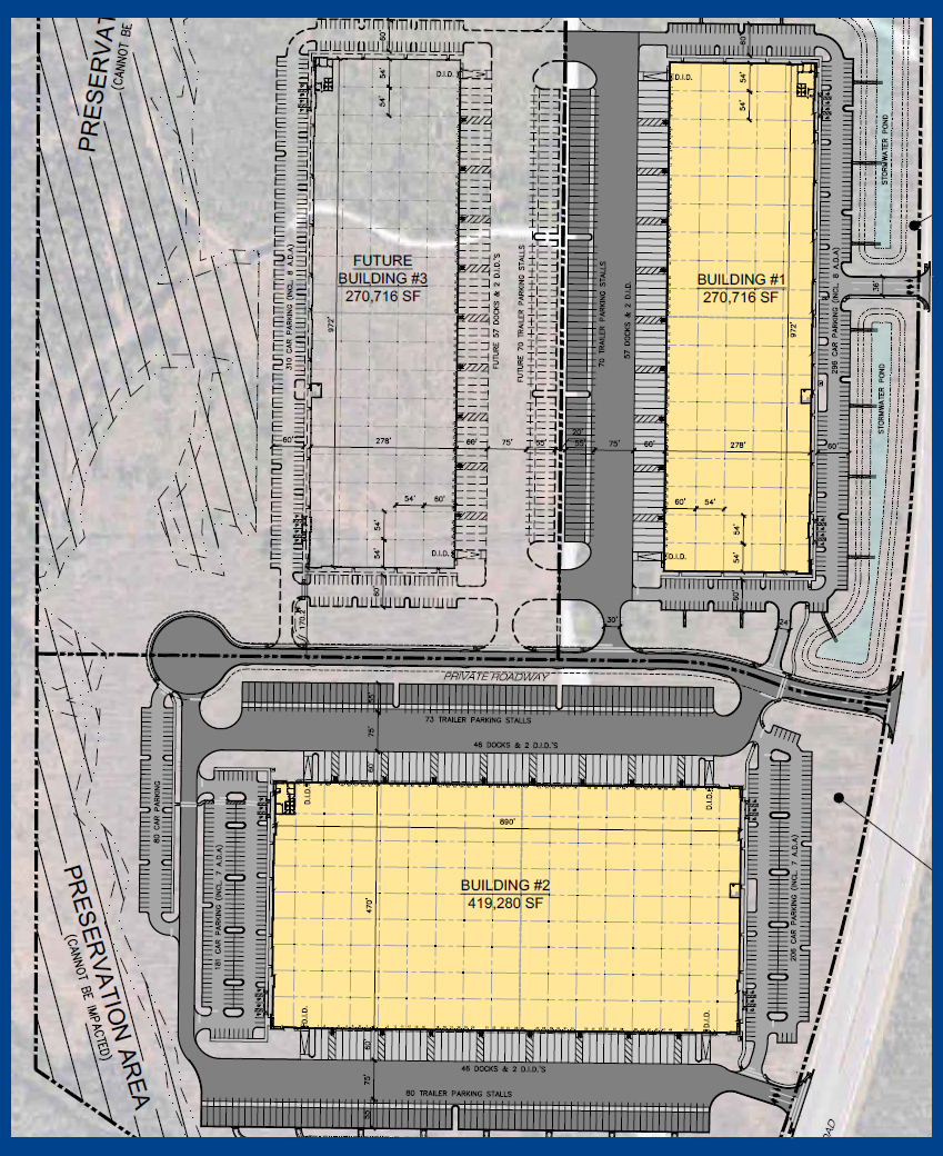 Becknell applied for permits to build the 419,280-square-foot Building 2 on 35.64 acres at a cost of $18 million and the 270,716-square-foot Building 1 on 24.38 acres at $12 million.