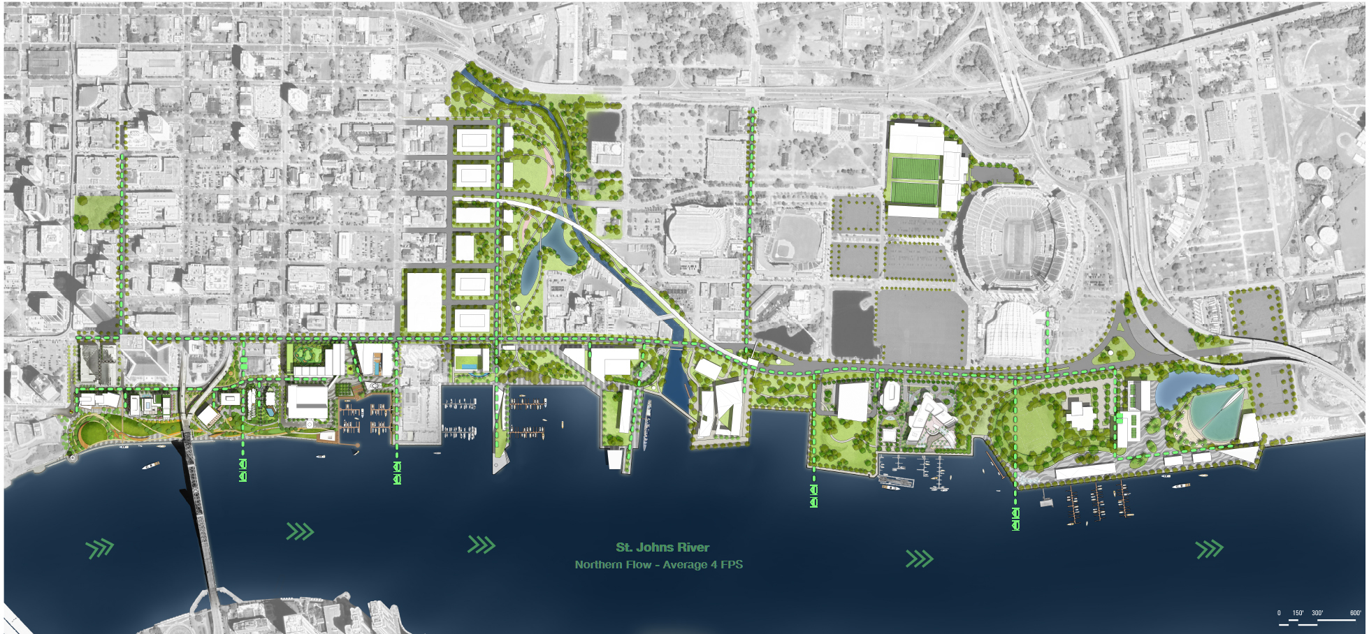 This map shows where the underwater electricity-producing turbines would be positioned along the St. Johns River.