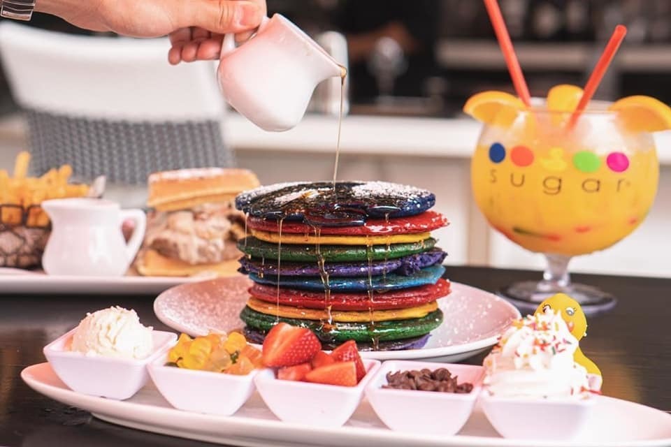 Rainbow pancakes are on the menu at Sugar Factory.