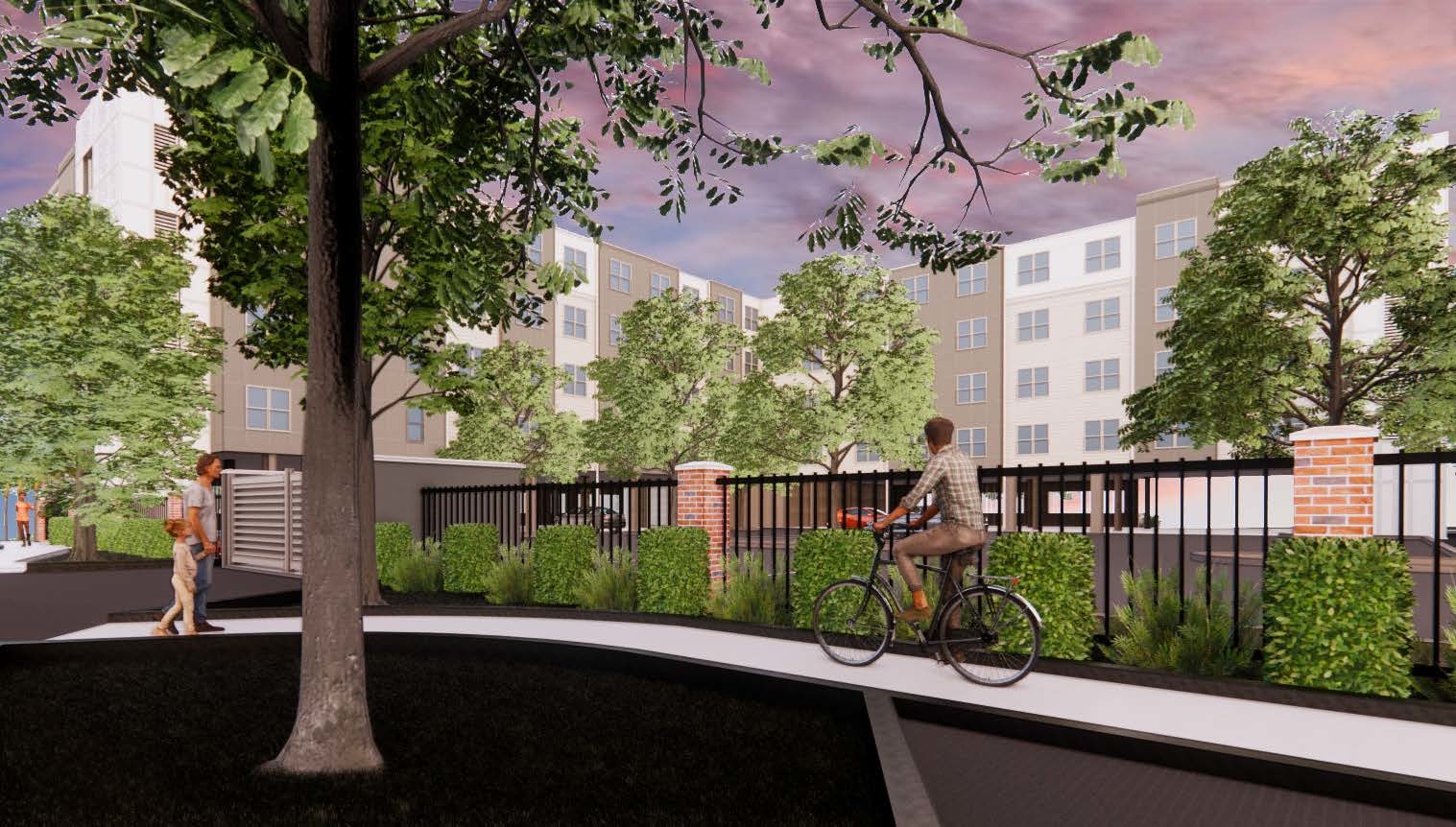 A rendering of a park area adjacent to the Lofts at Cathedral.