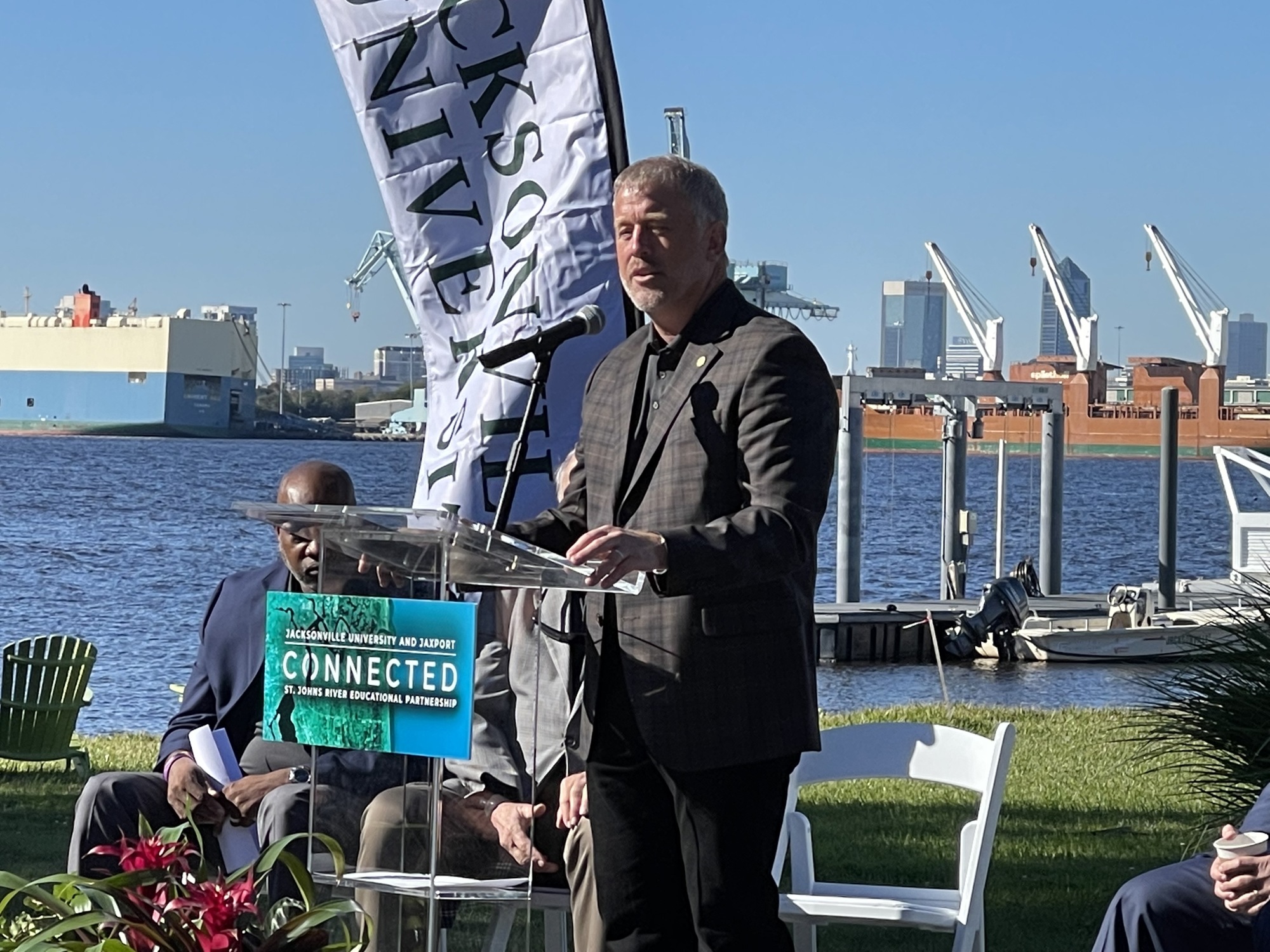 Jamie Shelton, the immediate past chair of the Jacksonville Port Authority and chair of the Jacksonville University Board of Trustees, speaks Nov. 15 during the announcement of the “Connected” imitative.