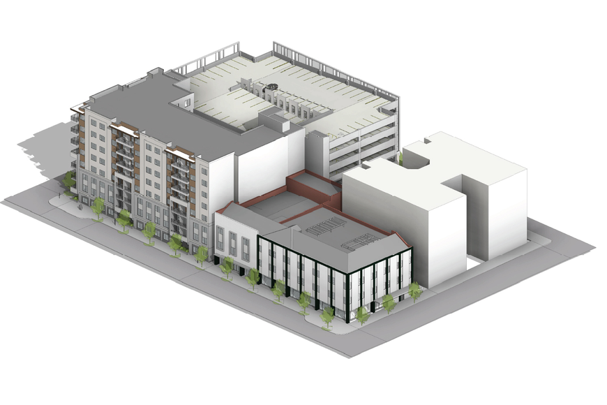 The project includes apartments and a parking garage.