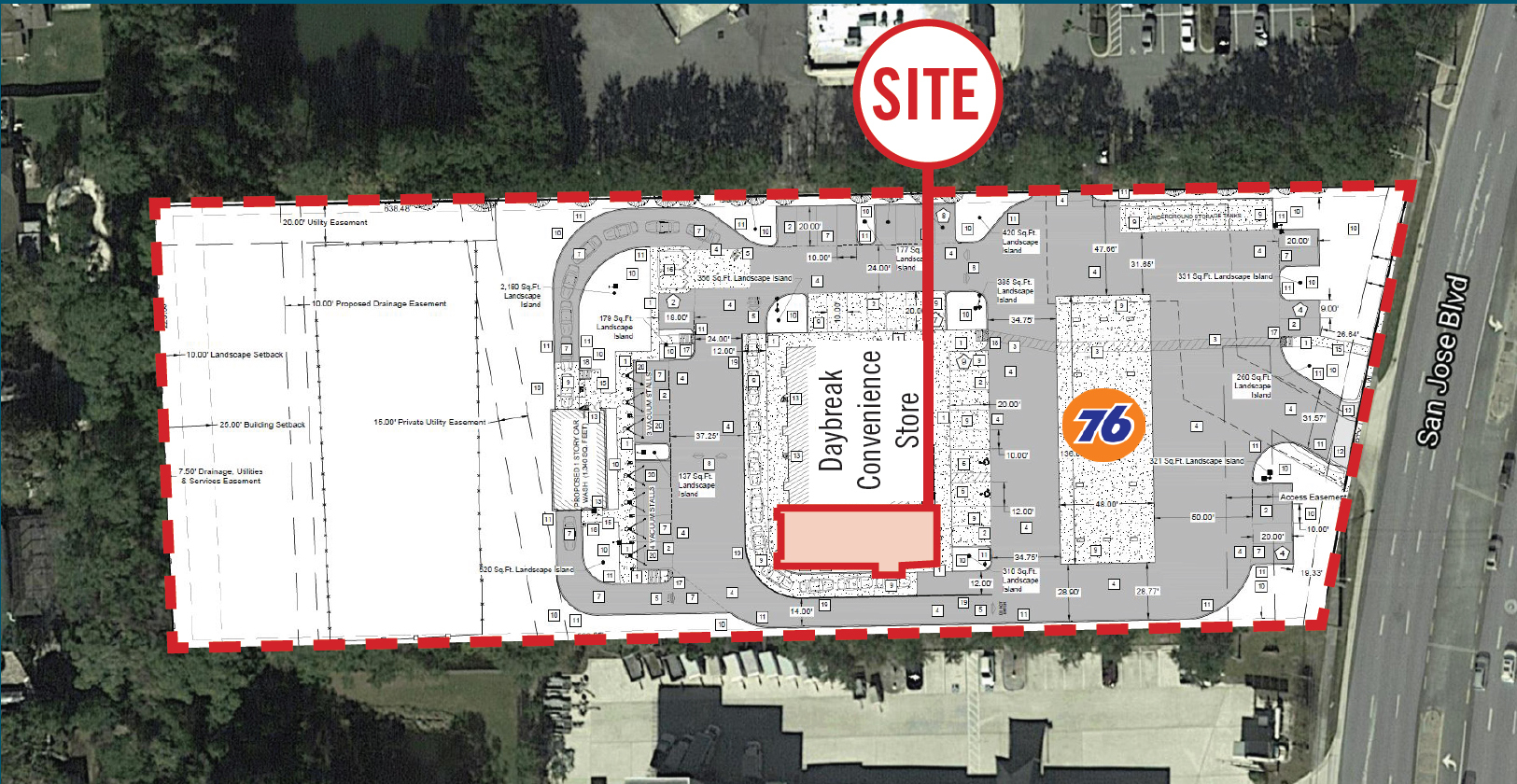 Franklin Street is marketing the 11470 San Jose Blvd. site for lease to a  restaurant tenant next to the new Daybreak Market convenience store and 76-brand gas station.