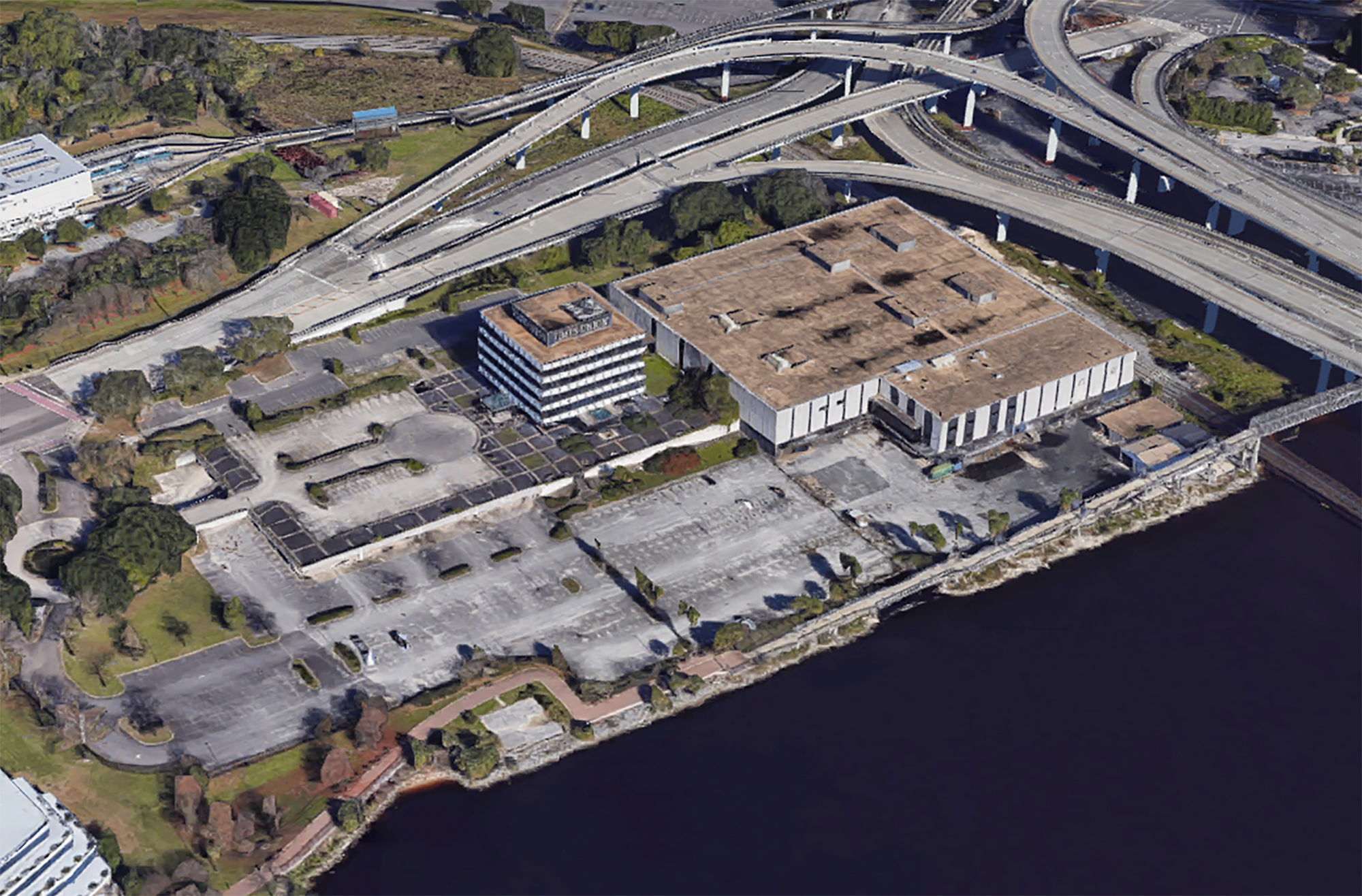A satellite image of The Florida Times-Union property. The square tower structure is the former administration building. The newsroom, advertising and printing facility is at right.