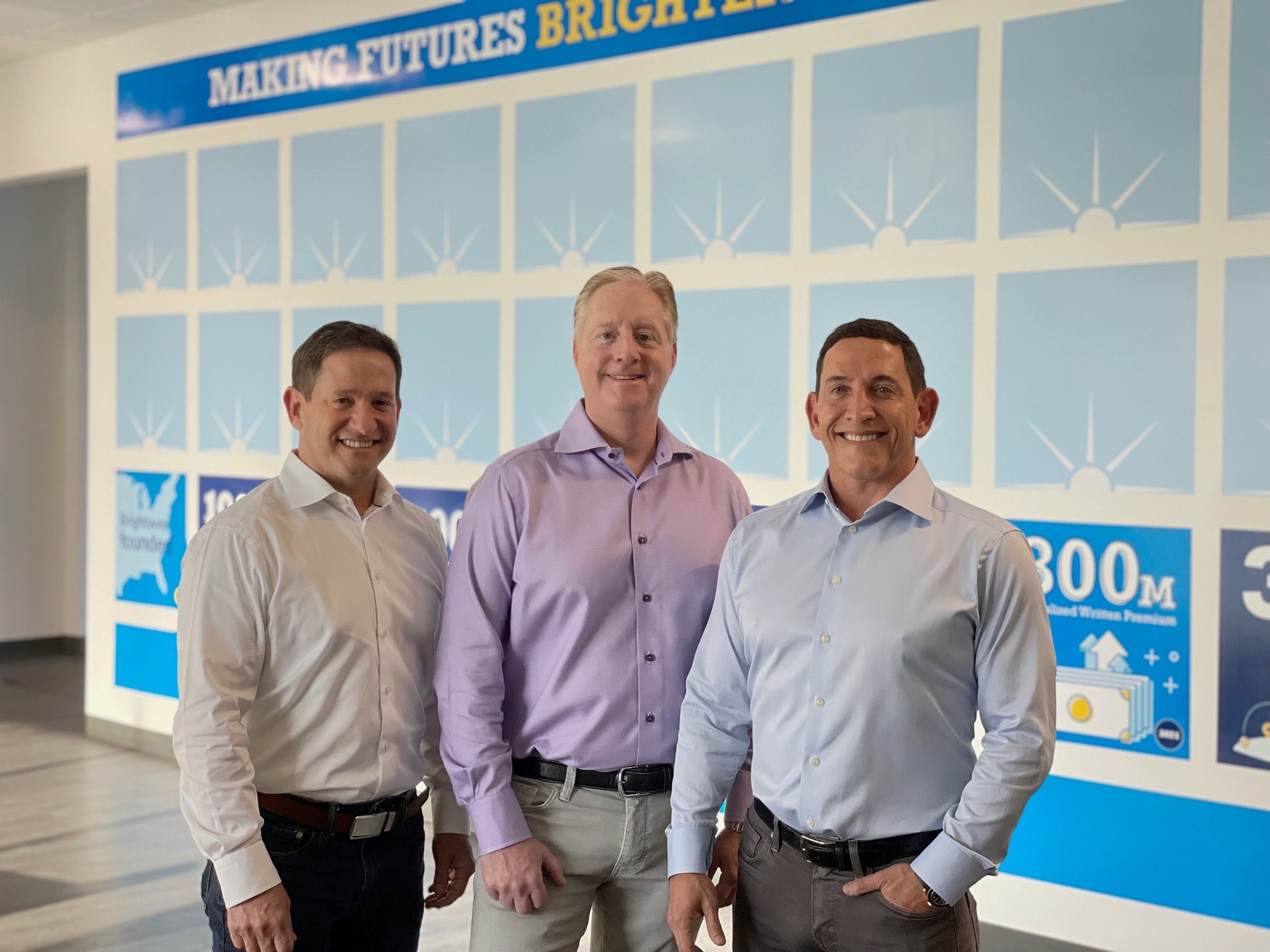 Mark Cantin, center, is the new president and CEO of Brightway Insurance. Cantin met with Brightway co-founders David Miller, left, and Michael Miller at the Brightway Center in Jacksonville.