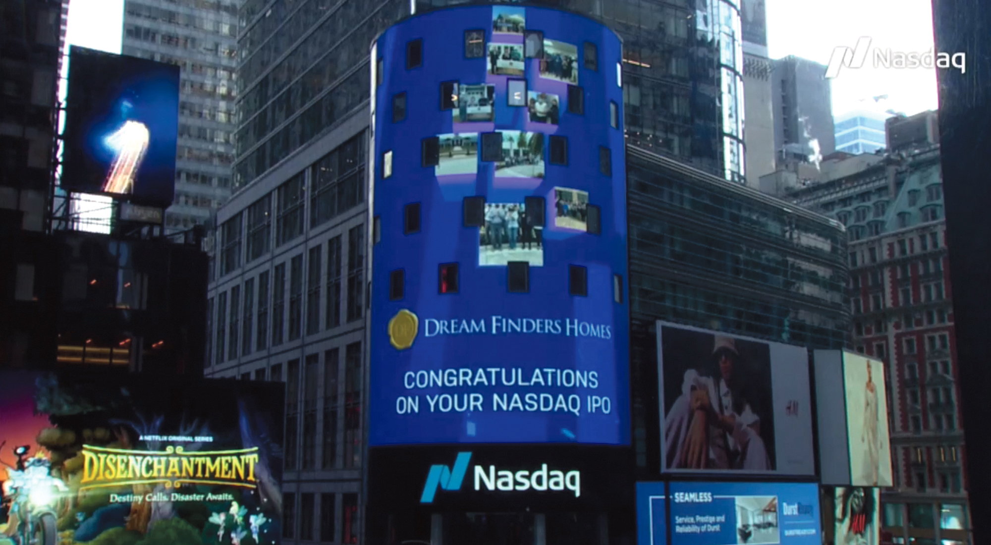 Dream Finders Homes began trading Jan. 21 on the on the Nasdaq Global Select Market and was featured on this digital sign in Times Square in New York. The stock trades under the ticker symbol “DFH.”
