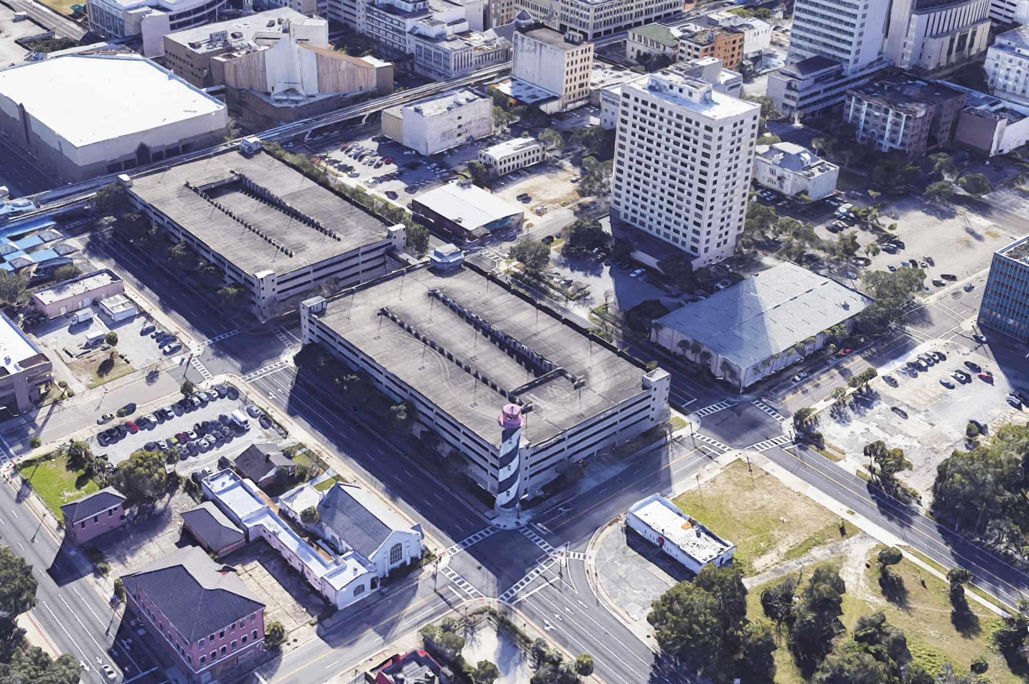A satellite image of the parking garage at 721 N. Pearl St. (Google)