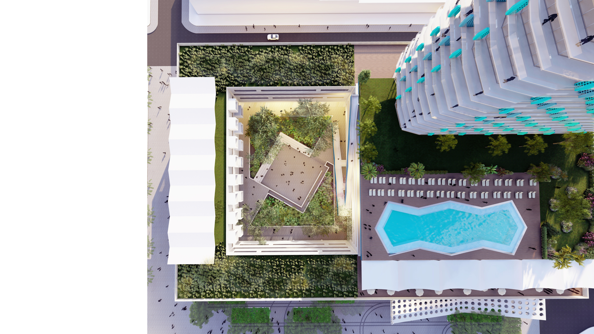 The Carter design shows a rooftop pool and amenity deck.