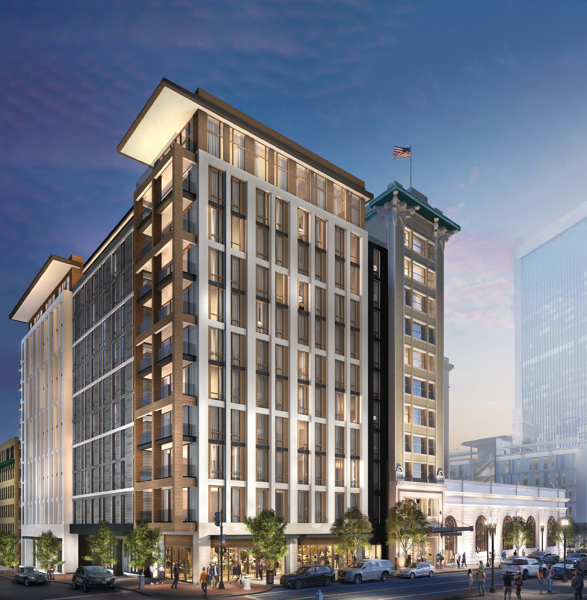 A rendering of the redeveloped Laura Street Trio as viewed from Adams and Laura streets. Apartments and retail will be built north of the Florida Life Insurance Building. Previously, the project’s hotel was planned there.