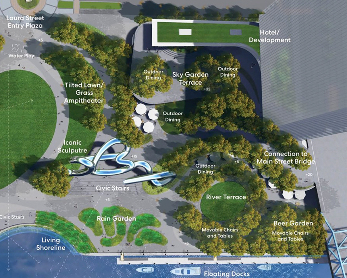 The plan for Riverfront Plaza park near the proposed building site.