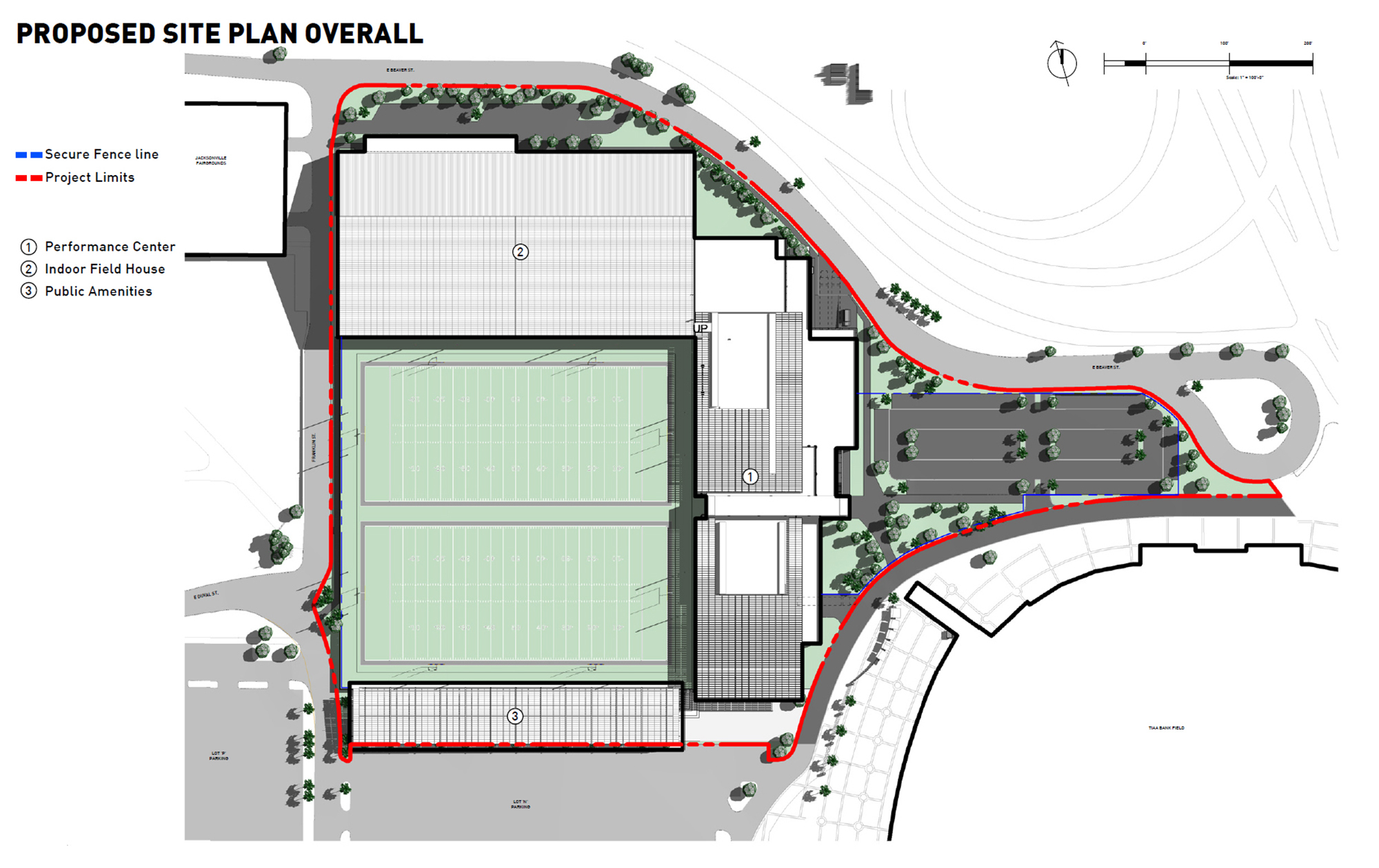 The facility is at the northwest corner of TIAA Bank Field.