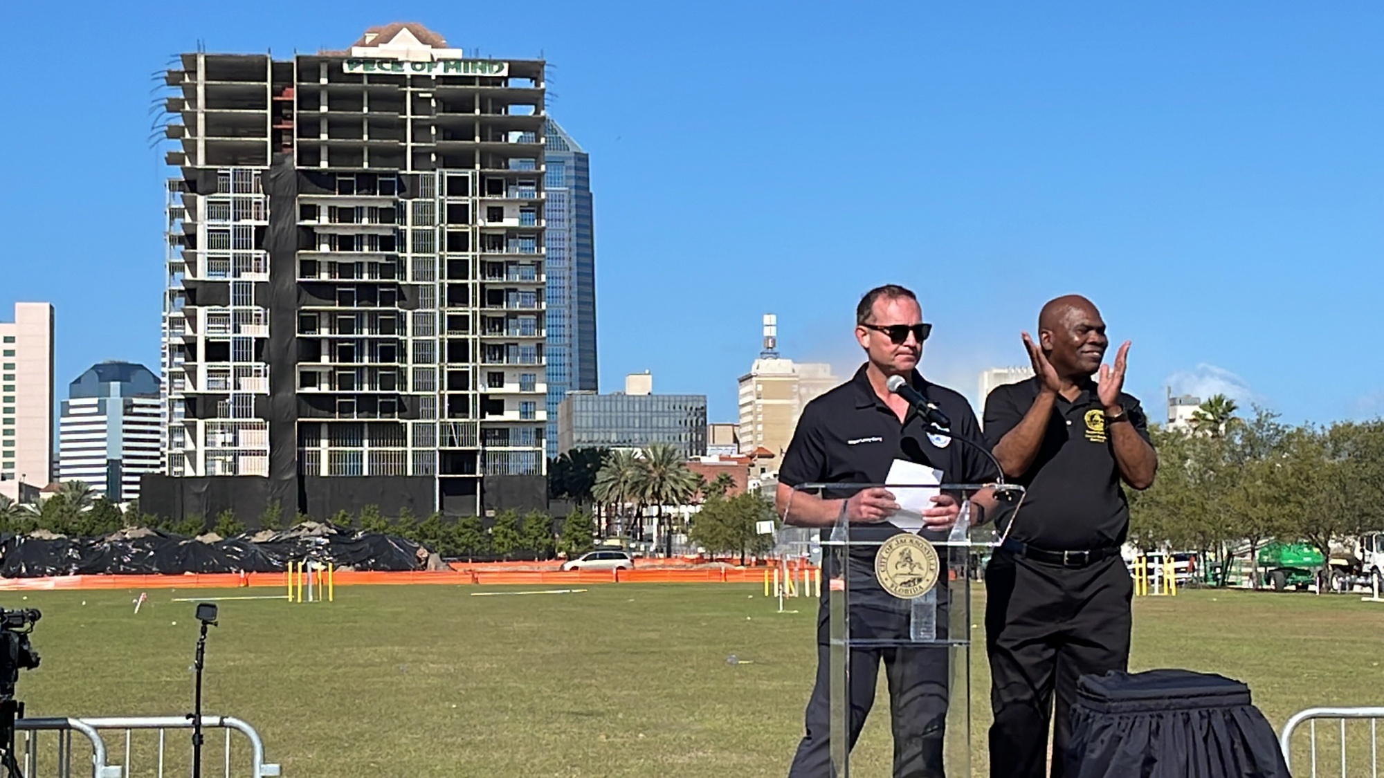 Jacksonville Mayor Lenny Curry and City Council member Reggie Gaffney prepare for the implosion.