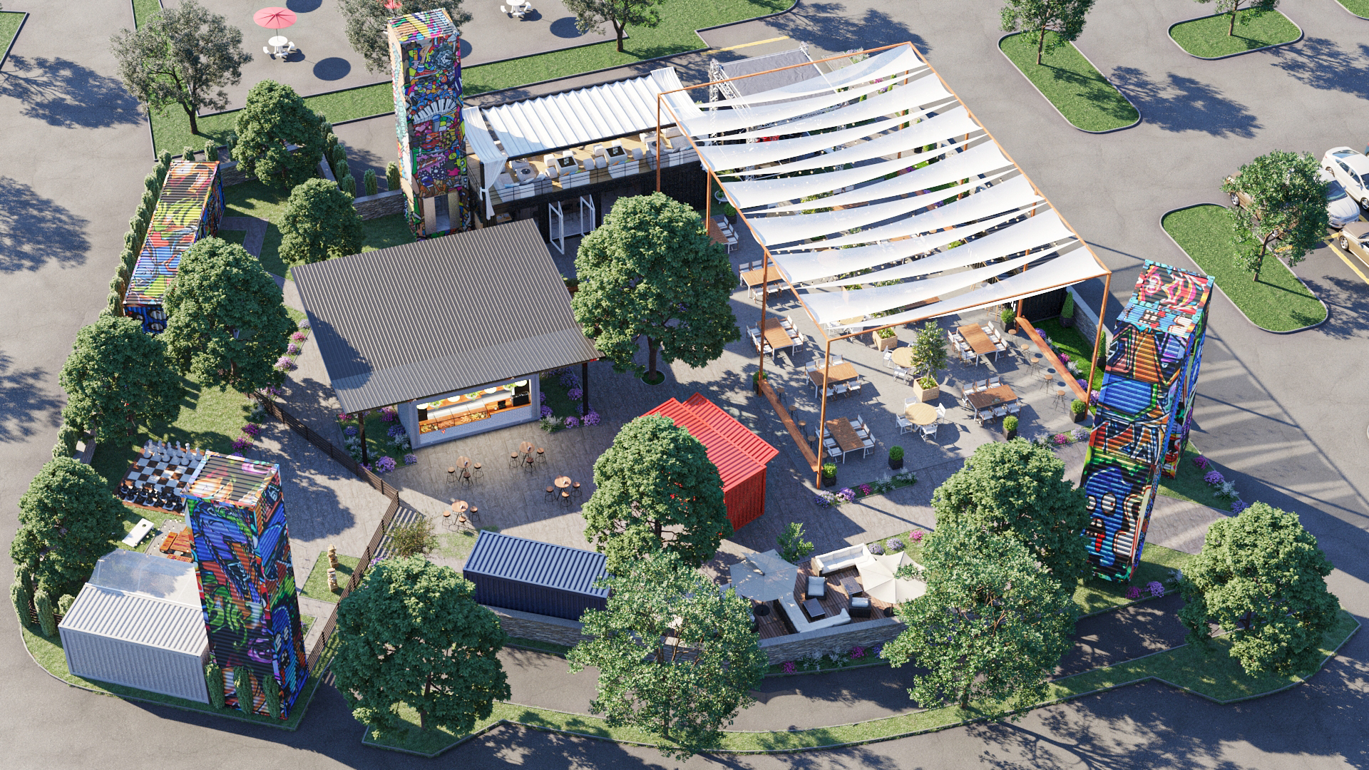 An aerial rending of the food court area.