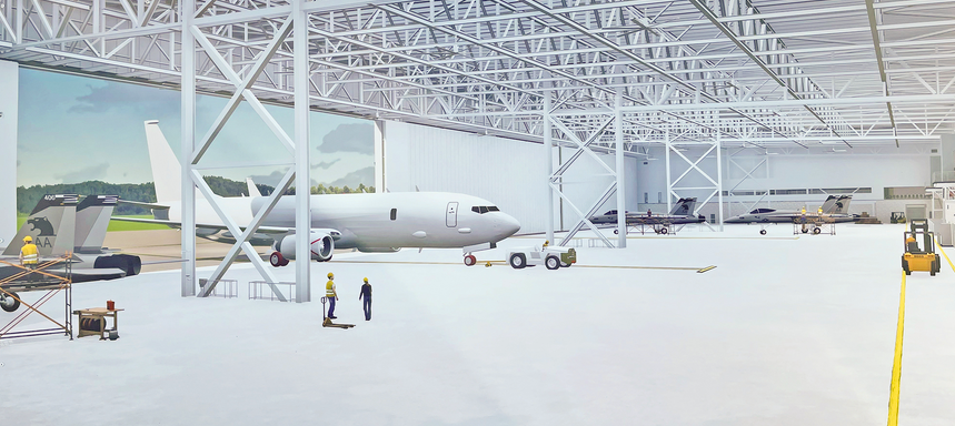 Interior rendering of a hangar inside the Boeing MRO center at Cecil Airport.