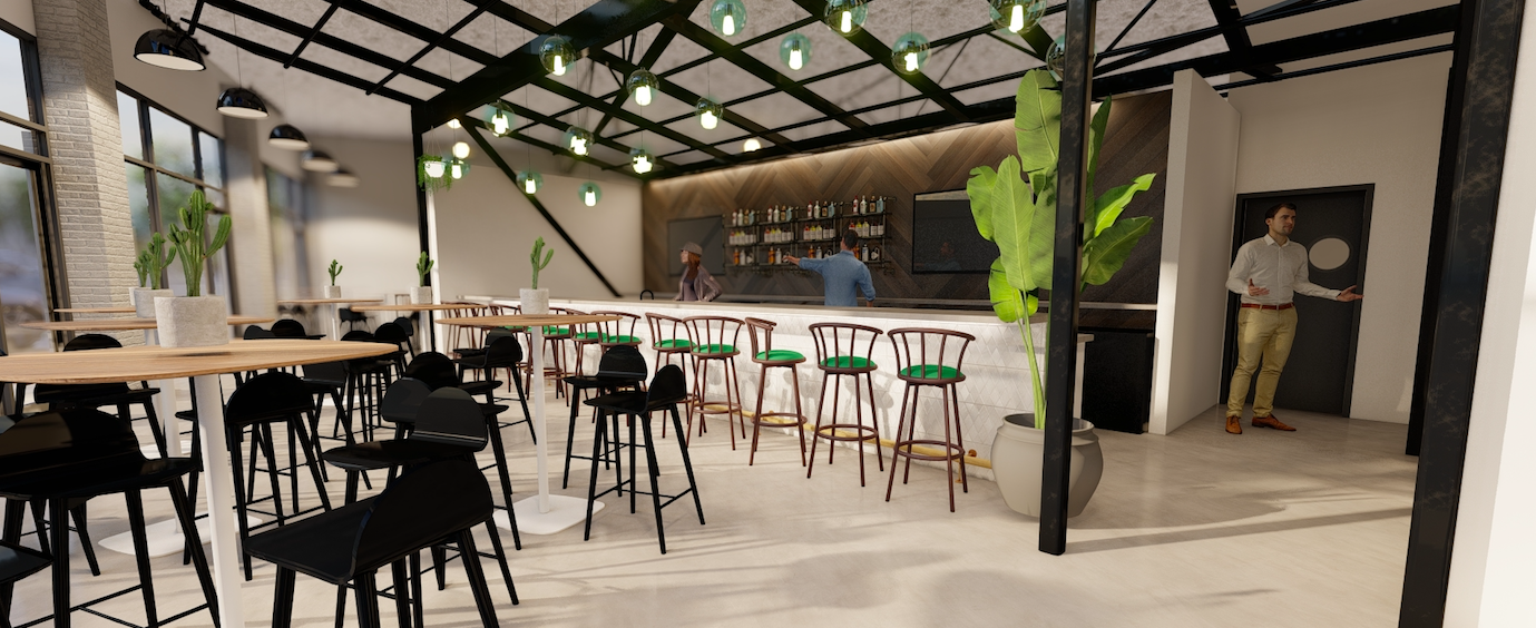Upon entering, customers will be greeted with seating and a bar area designed with a lot of light. 