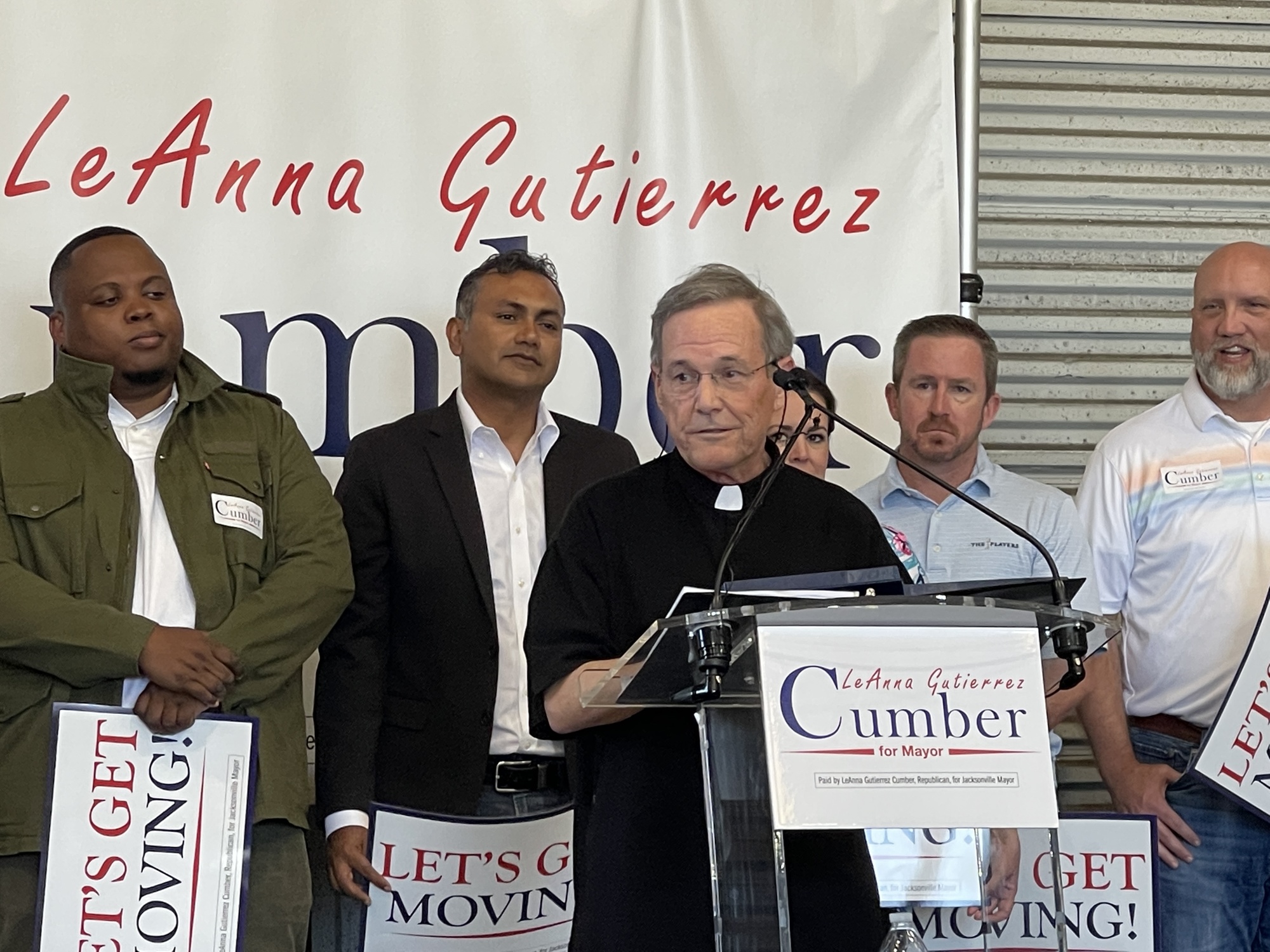 J. Allison DeFoor, Jacksonville Council member Randy DeFoor's husband, gives one of the two invocations at the Cumber campaign event.