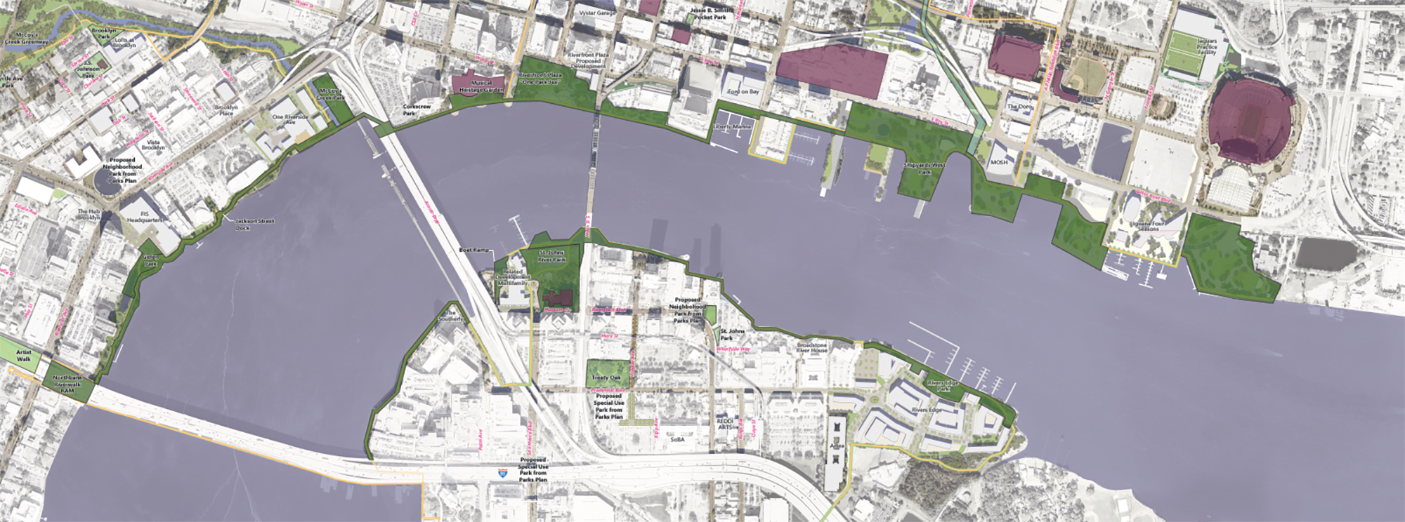 The areas highlighted in green are planned or current park space along the St. Johns River Downtown in the city’s master plan for the area. The purple areas are other public facilities, such as TIAA Bank Field.