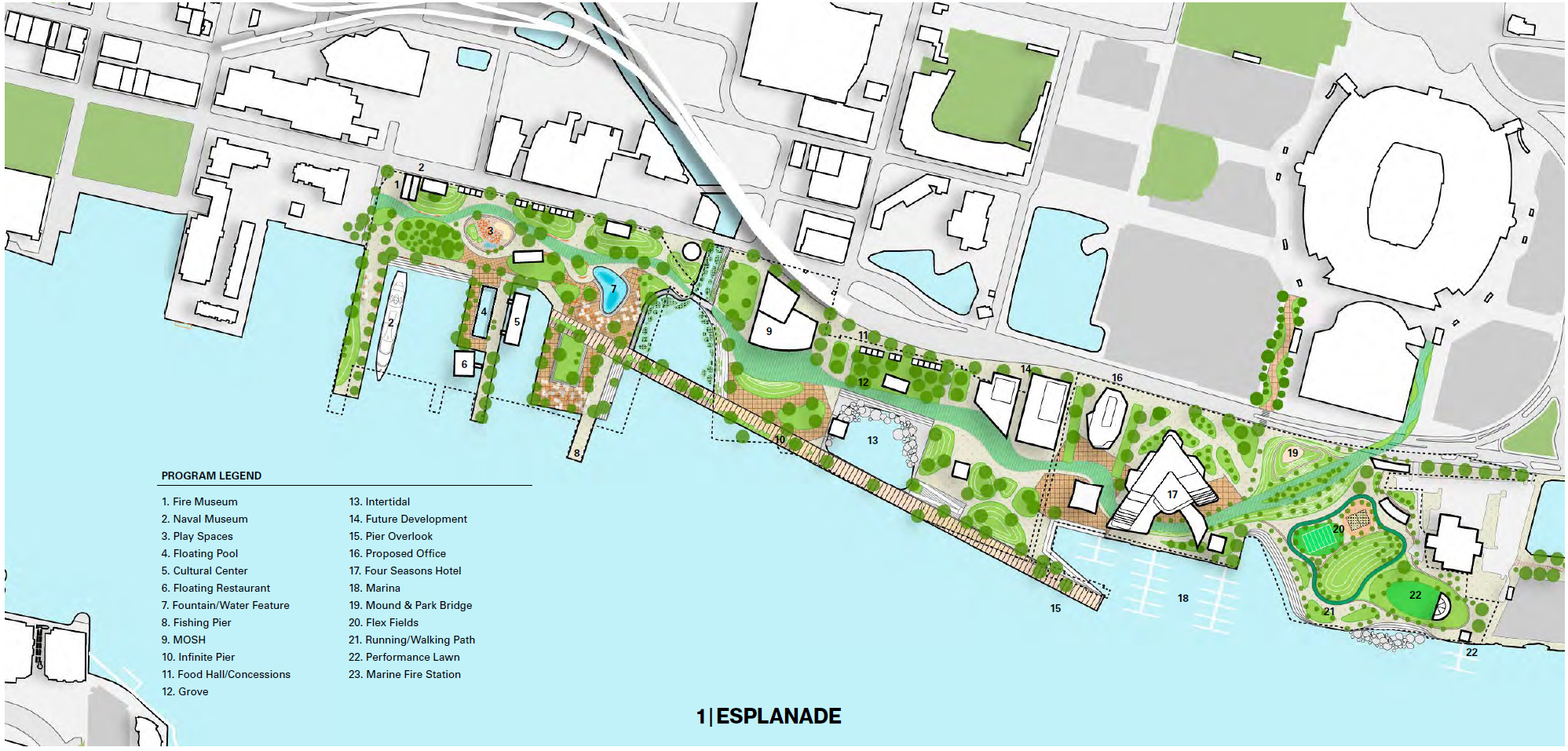 Here is the Jesse Ball duPont Fund’s Esplanade plan for the Downtown Shipyards from the former Berkman Plaza II site to Metropolitian Park nearTIAA Bank Field.
