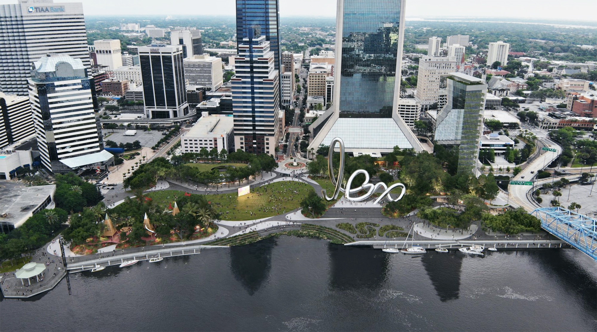 An artist’s conception of a Riverfront Plaza featuring a sculpture by Jefrë Manuel.