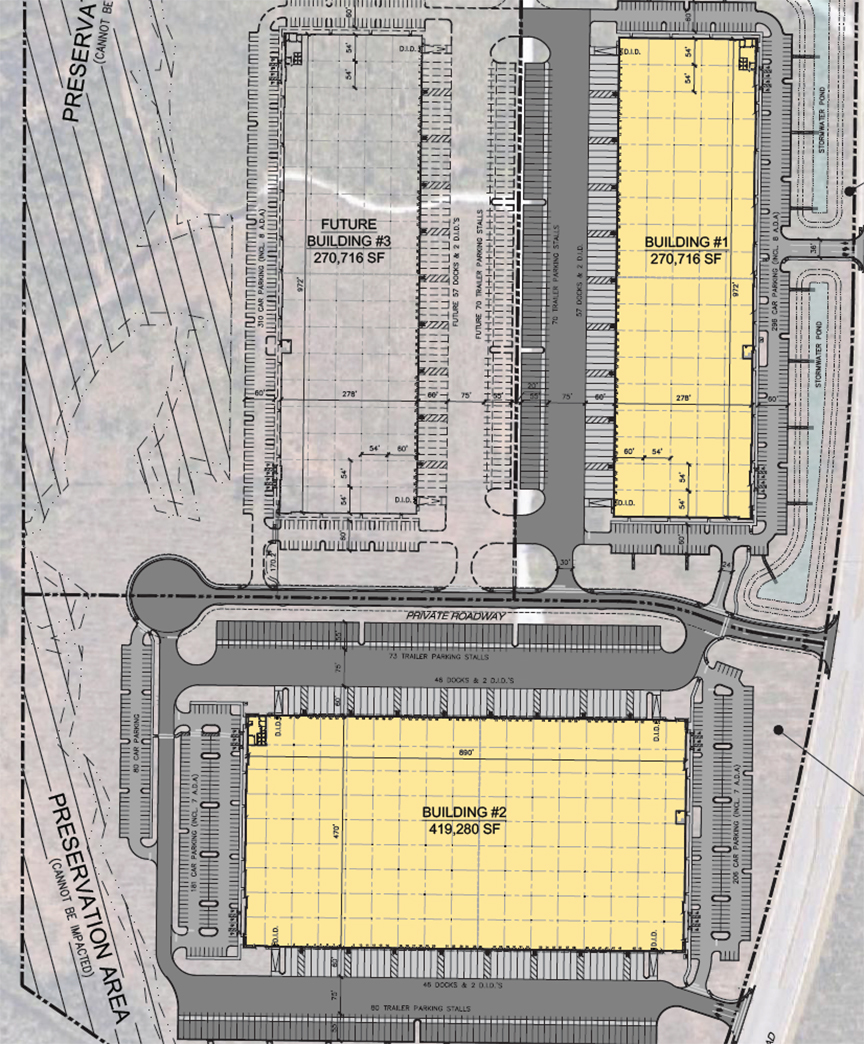 The site plan for the two Becknell warehouses in Westside Industrial Park.