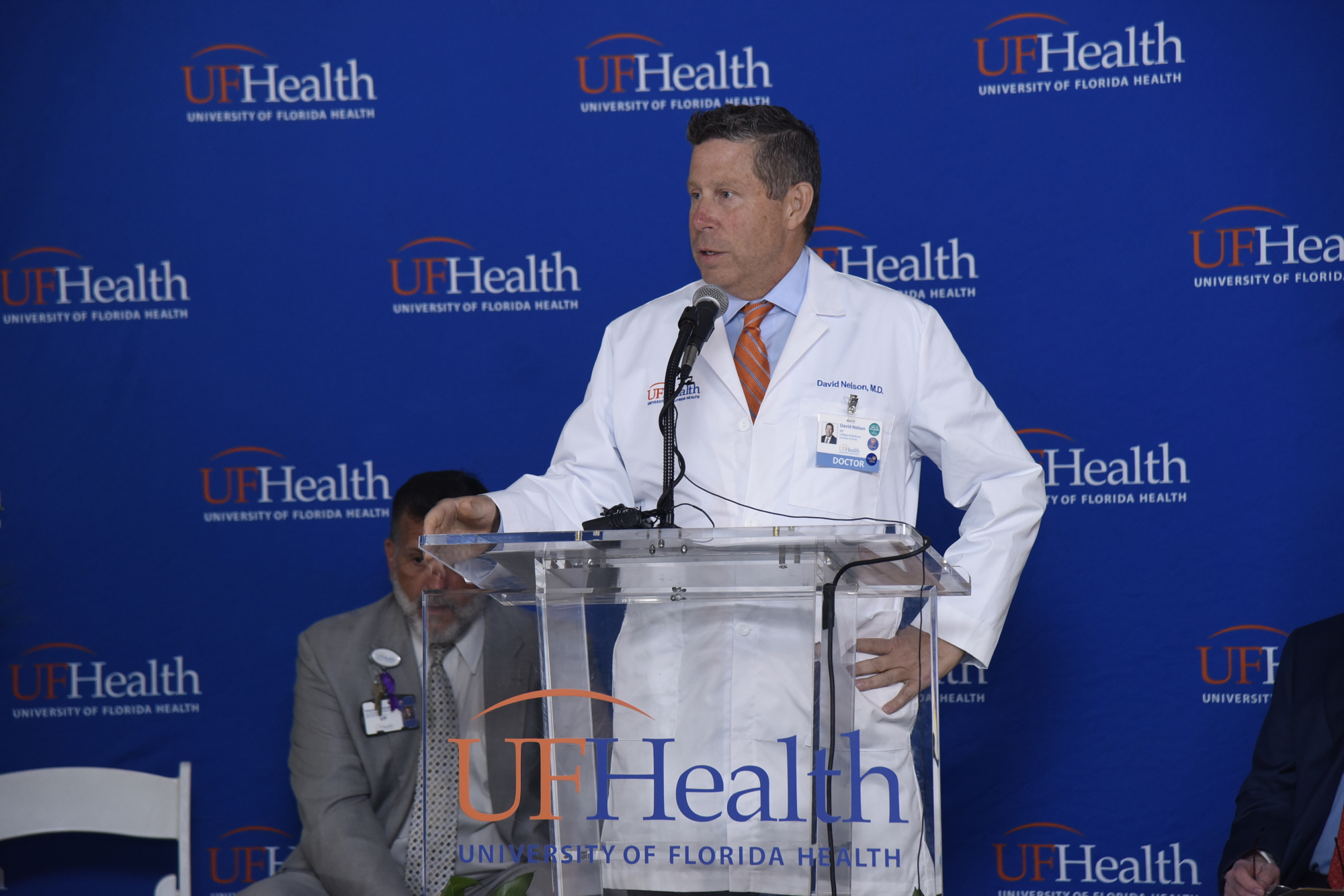 Dr. David R. Nelson, senior vice president for health affairs at the University of Florida and president of UF Health, speaks at the groundbreaking ceremony.
