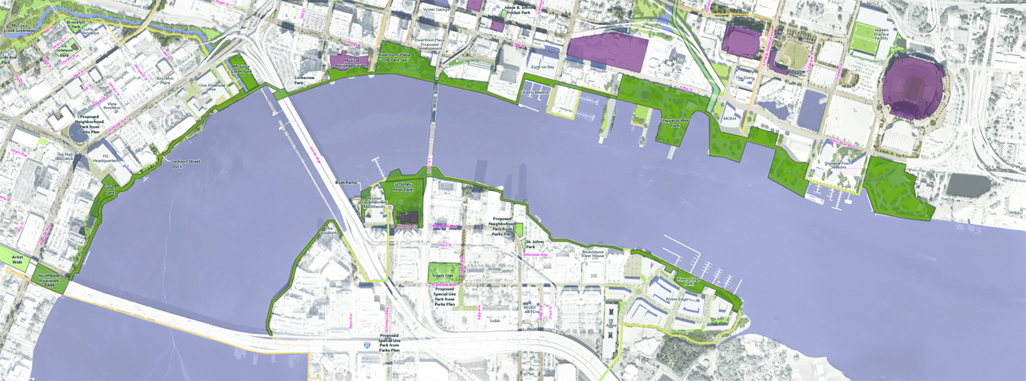 The areas highlighted in green are planned or current park and public space along the St. Johns River Downtown in the city’s master plan. The purple areas are other public facilities, such as TIAA Bank Field.