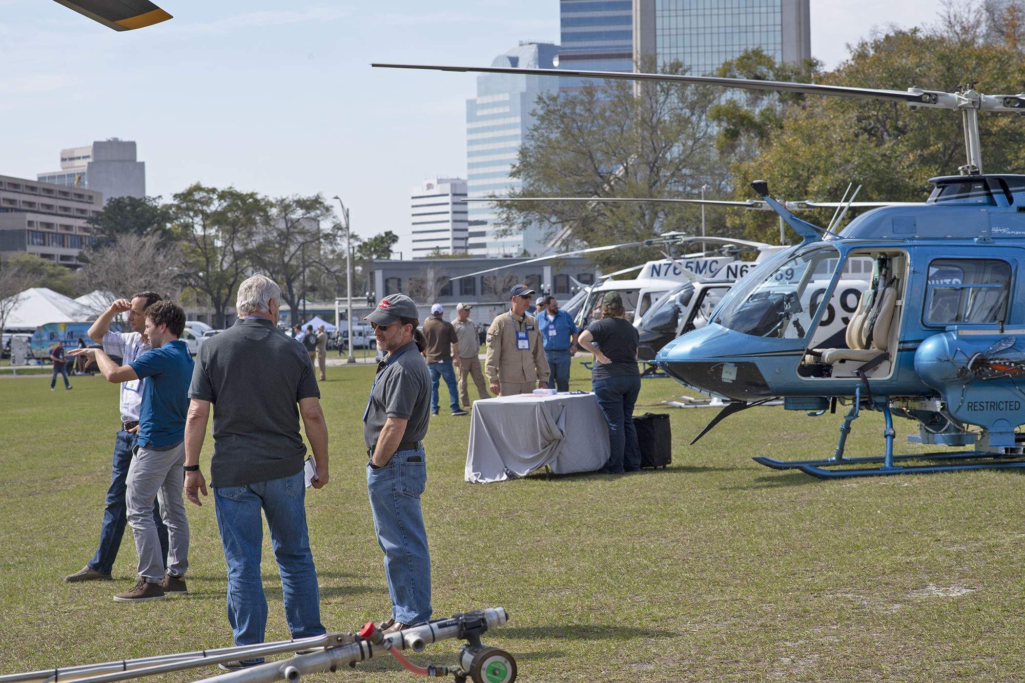 Helicopters made use of the lawn adjacent to the Hyatt Regency Jacksonville Riverfront Hotel for the American Mosquito Control Association 2022 Annual Meeting.