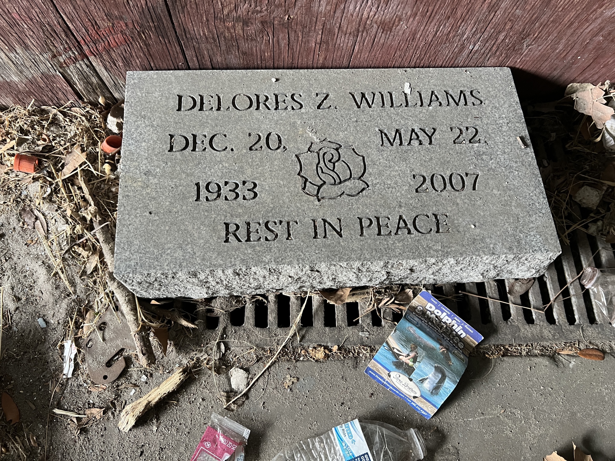 A grave marker inside the hearse garage at the Pratt Funeral Home in LaVilla.