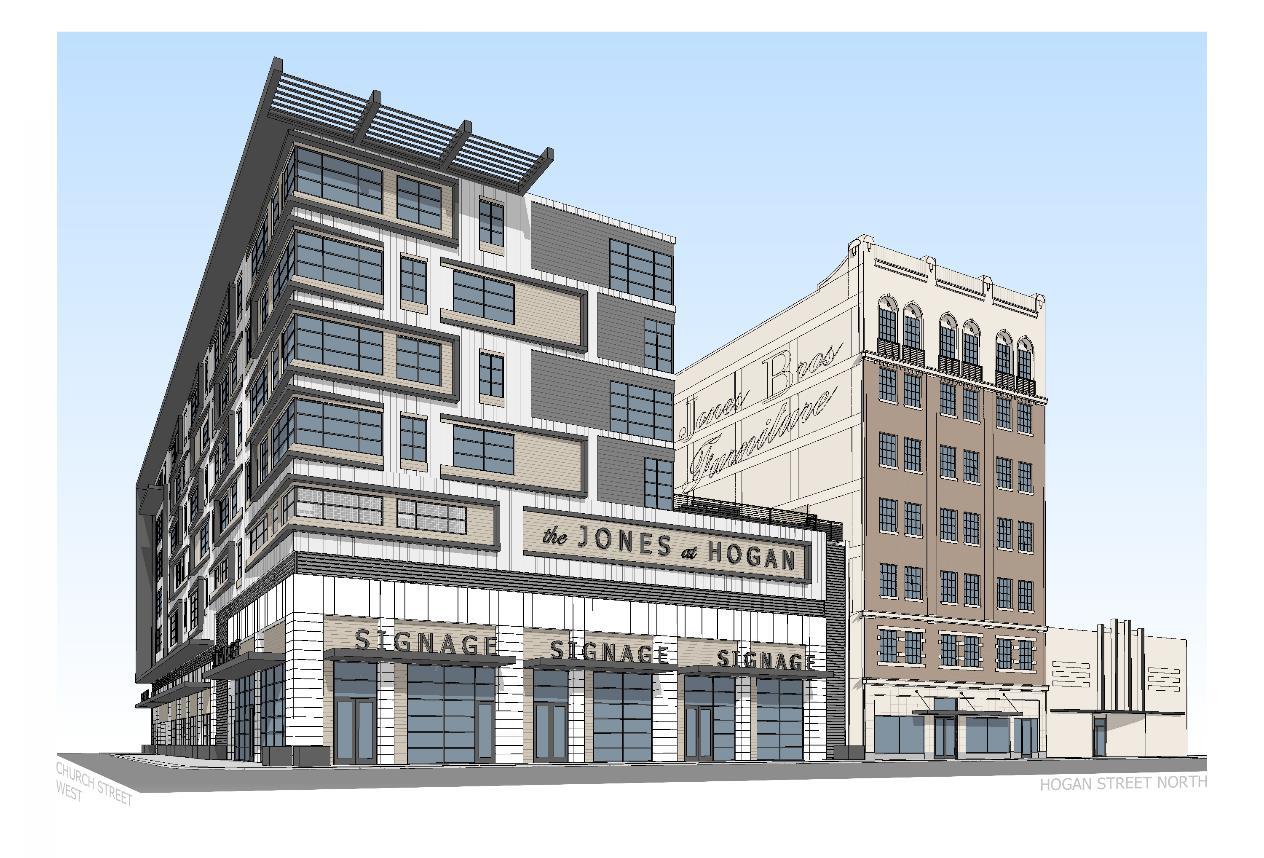 The Jones at Hogan comprises 103 apartment units; a 143-space parking garage; two ground-floor retail bays; co-work office spaces; and a fifth-floor outdoor amenity terrace for residents.  (Bold Line Design)
