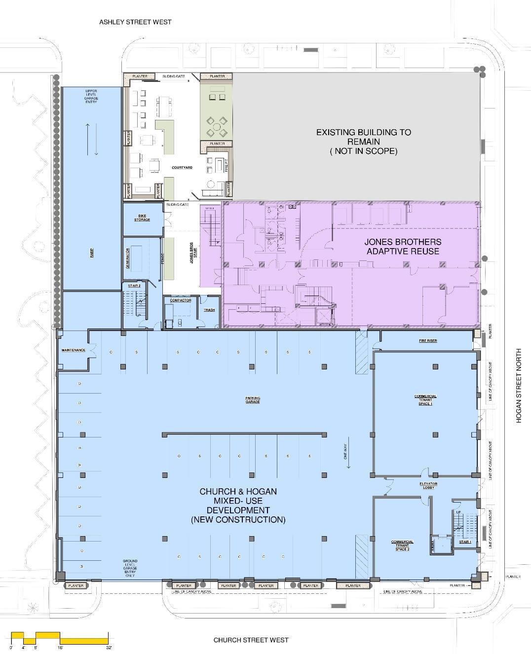 The site plan for the apartments.  Robbins Design Studio is focused on the renovation of the historic Jones Bros. Furniture building, highlighted in purple, and Bold City Design the rest of he project. (Bold Line Design)