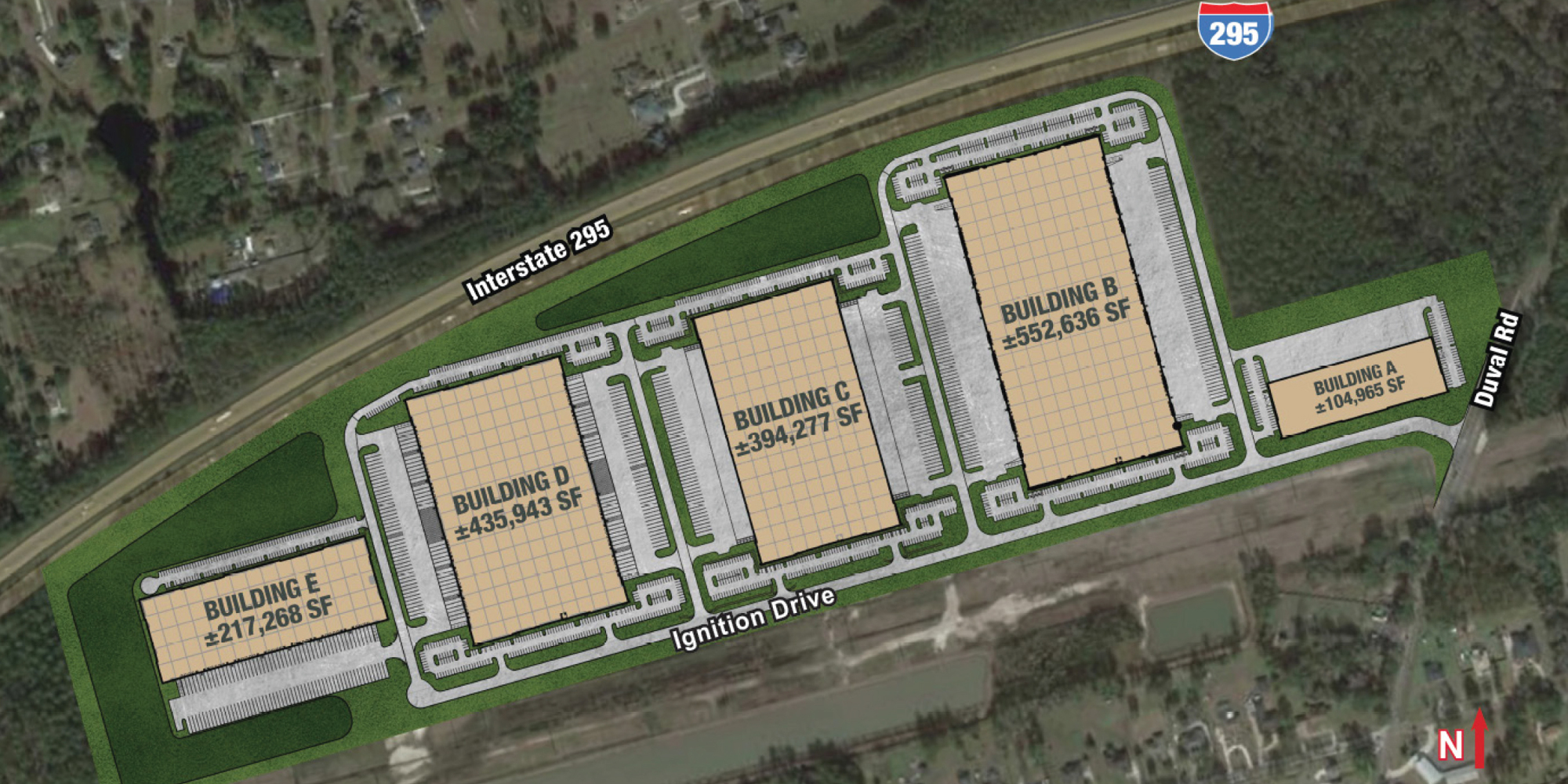 The site plan for Park 295. Buildings C and B are leased.