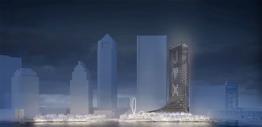 An artist's rendering of the tower at night.