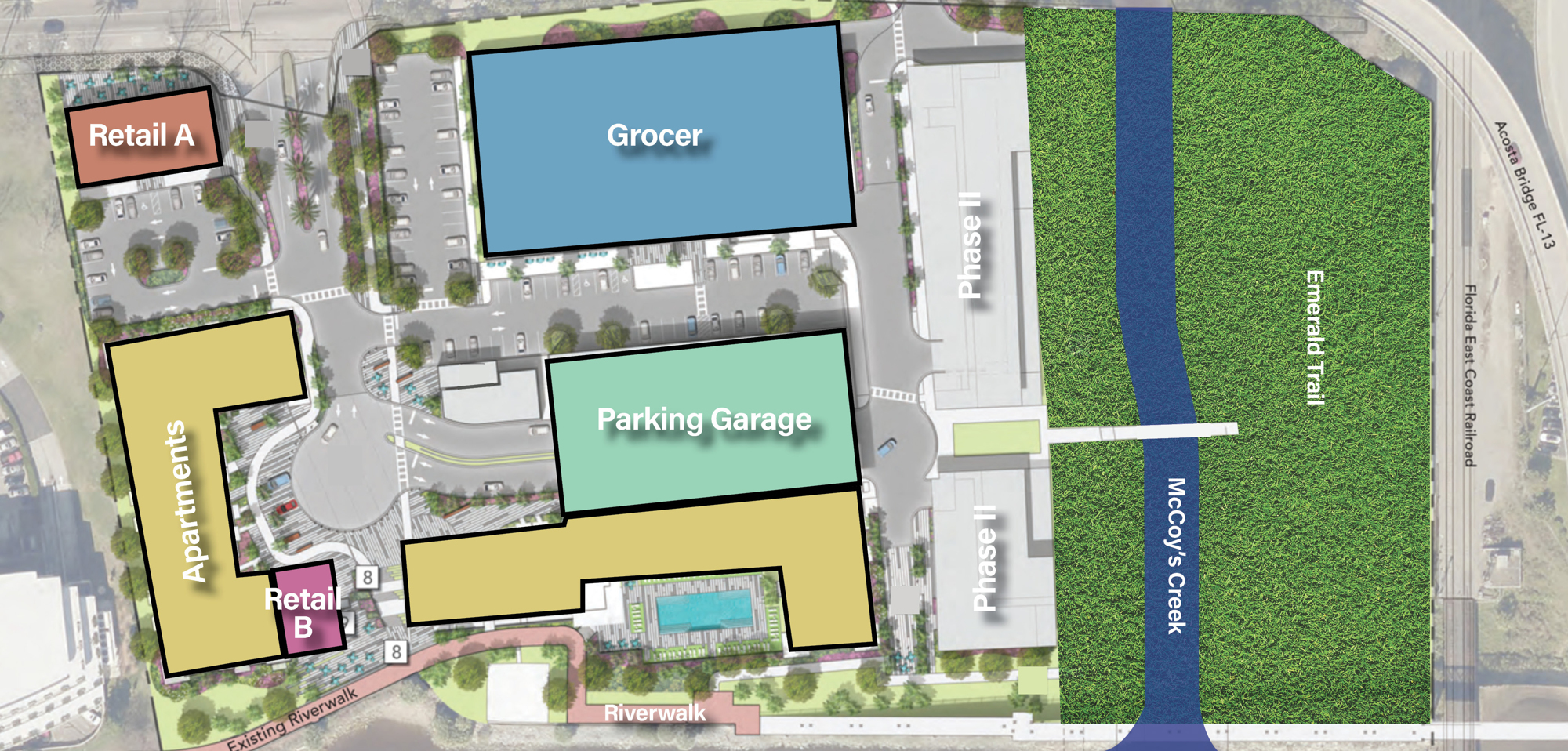 The site plan for One Riverside includes Whole Foods Market in the grocer spot, apartments, retail and a restuarant.