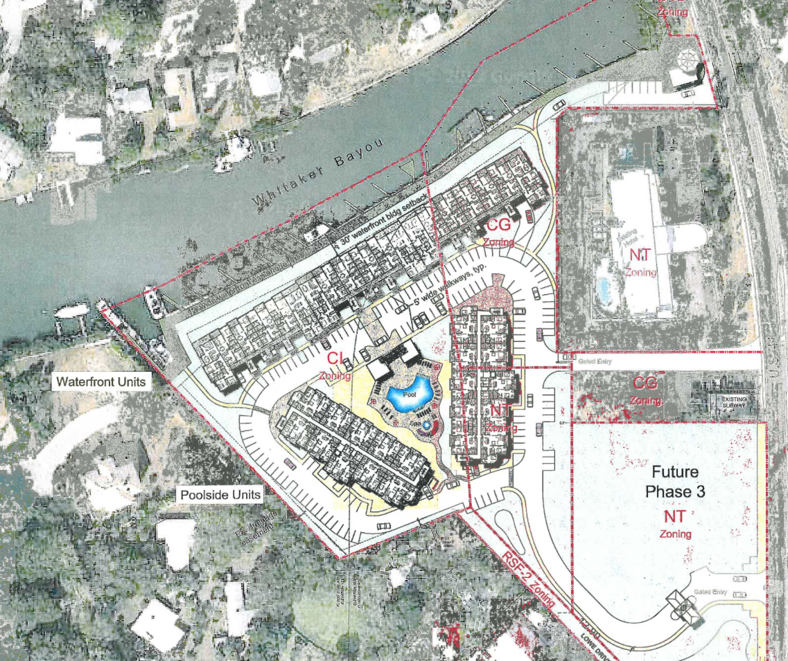 A preliminary site plan for a new development proposed along Whitaker Bayou shows more than 150 condominiums situated around a pool area.